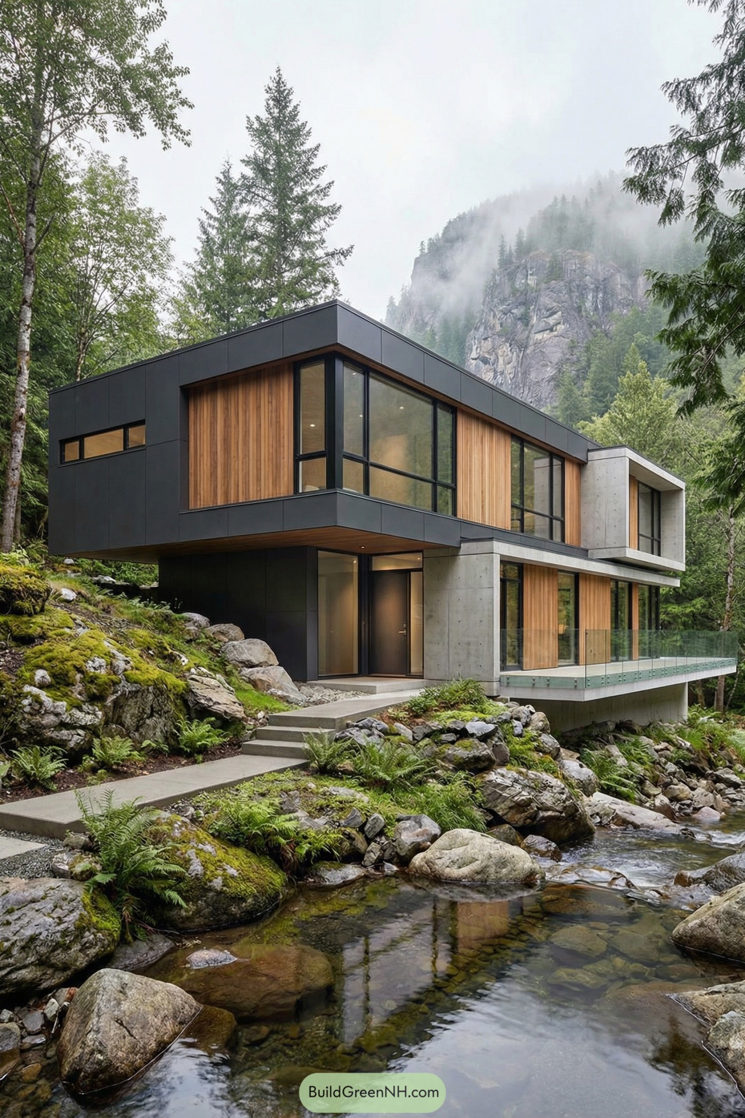Modern boxy forest house above rocky stream