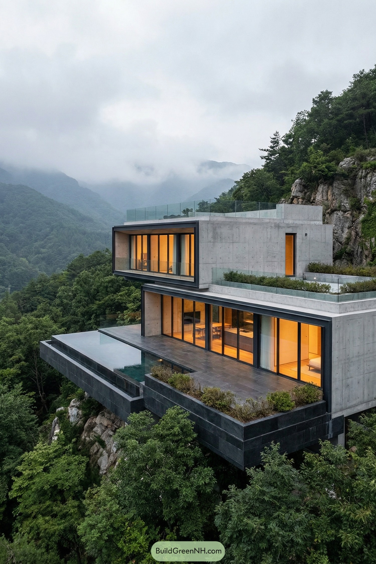 Concrete and glass villa cantilevered over a forested mountain slope with infinity pool and large windows