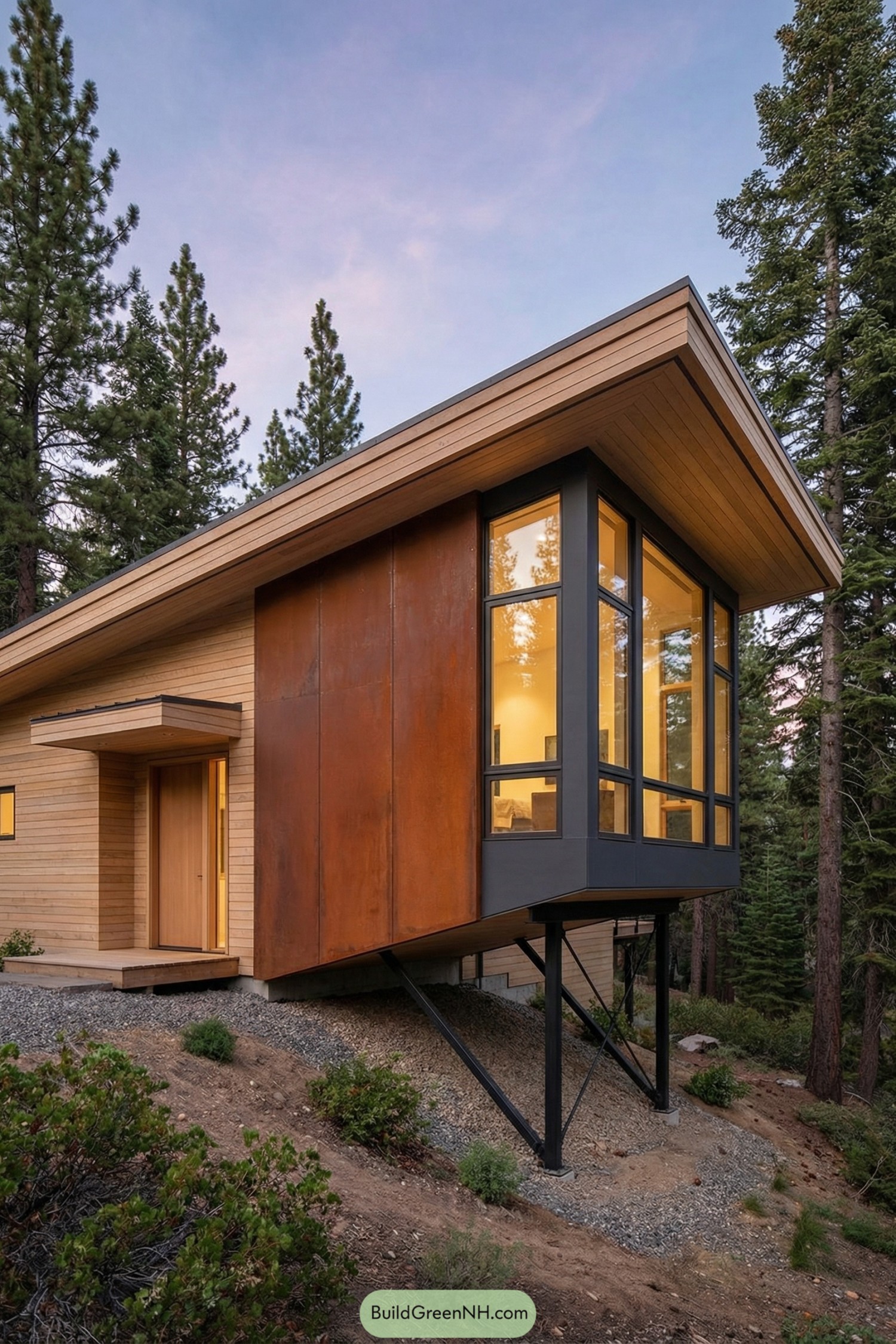Modern cantilevered house with tall glass corner in pine forest