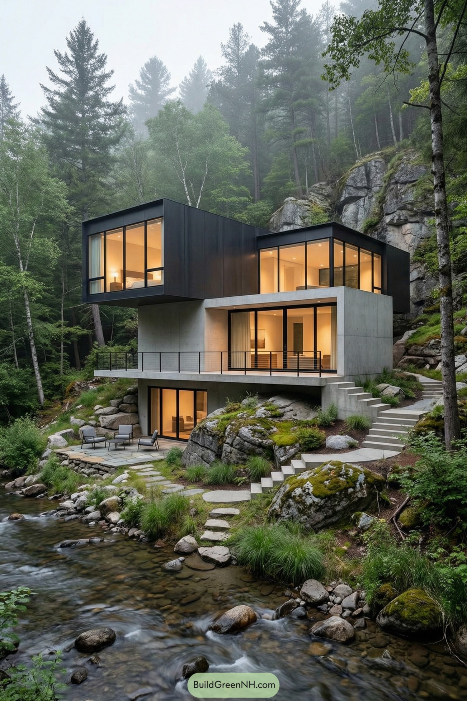 Modern glass and concrete house beside forest stream
