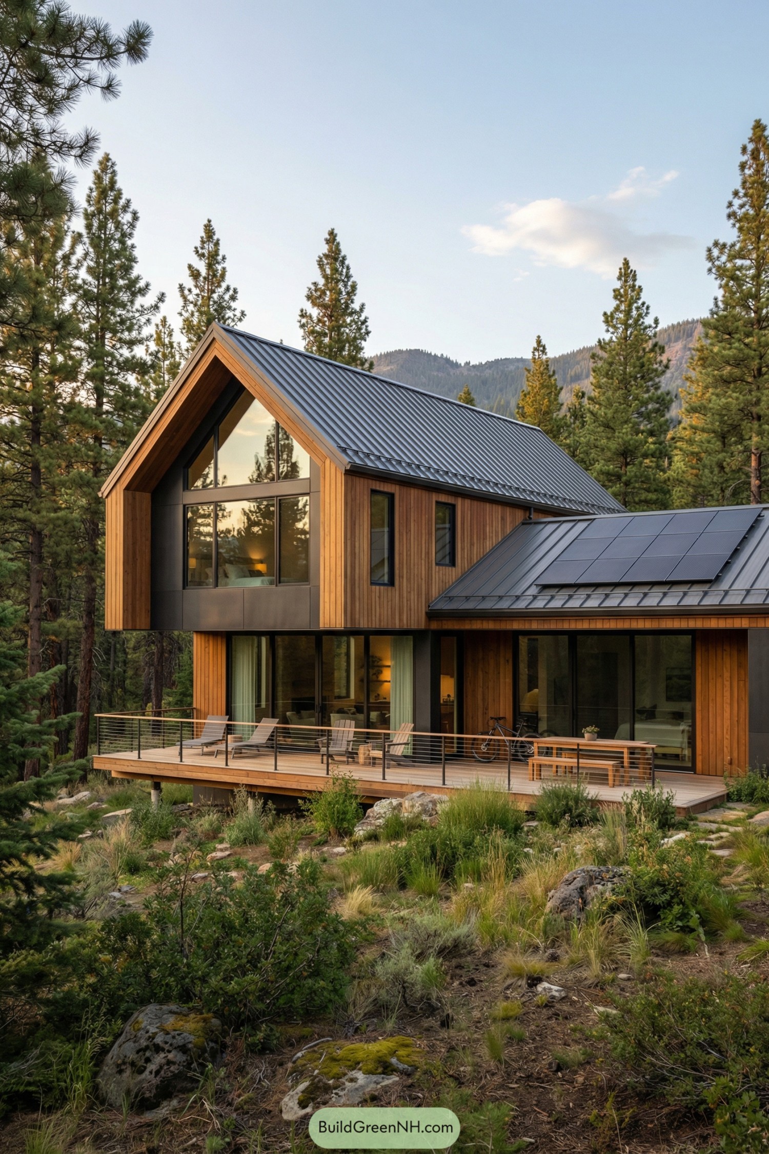 high-res photo of mountain forest modern house, warm-toned vertical wood-clad facade with clean modern lines, two-story asymmetrical structure with upper gabled volume slightly projecting over a recessed ground floor, natural light brown timber and dark charcoal metal trims, steep metal gable roof on main volume with standing seams and a flat single-slope metal roof on the side wing featuring a row of solar panels, expansive floor-to-ceiling glazing on both levels including a large triangular window that follows the roofline and wide sliding glass doors on the ground floor, minimal dark-framed windows arranged in a balanced modern grid, full-height glass entrance door integrated into the glazing, generous wooden terrace and steps wrapping the front and side with simple thin metal railings, scattered outdoor furniture and bicycles on the deck, naturalistic landscaping with wild grass, low shrubs, rocks and uneven forest ground, dense tall pine trees surrounding the house and fading into the background, soft warm sunset light casting long shadows and highlighting the wood texture, distant forested hills under a clear pale blue sky with a few clouds, single real-life photo, high-resolution, architectural photography, soft lighting, cinematic composition.