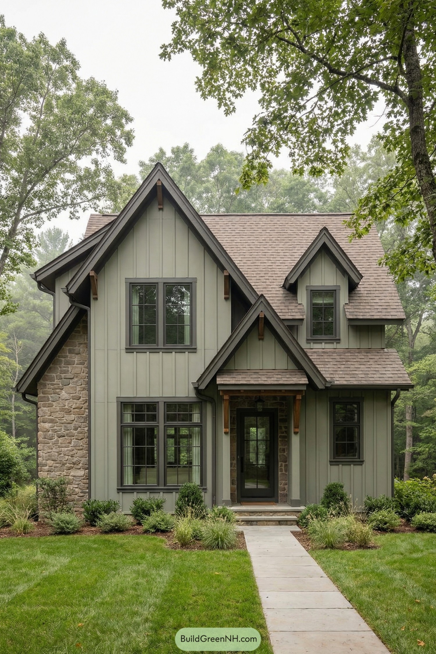 Green gabled cottage with stone accents set in a wooded yard