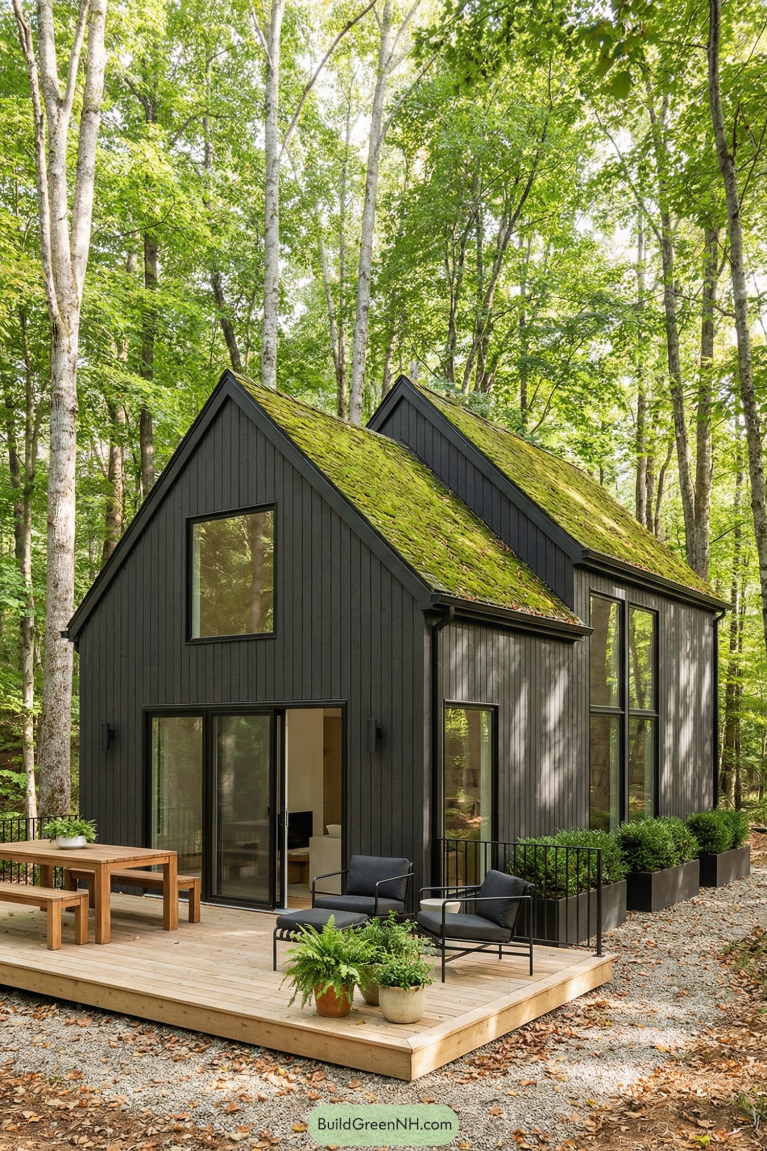 Dark cabin with mossy green roof and large glass openings on a forest deck