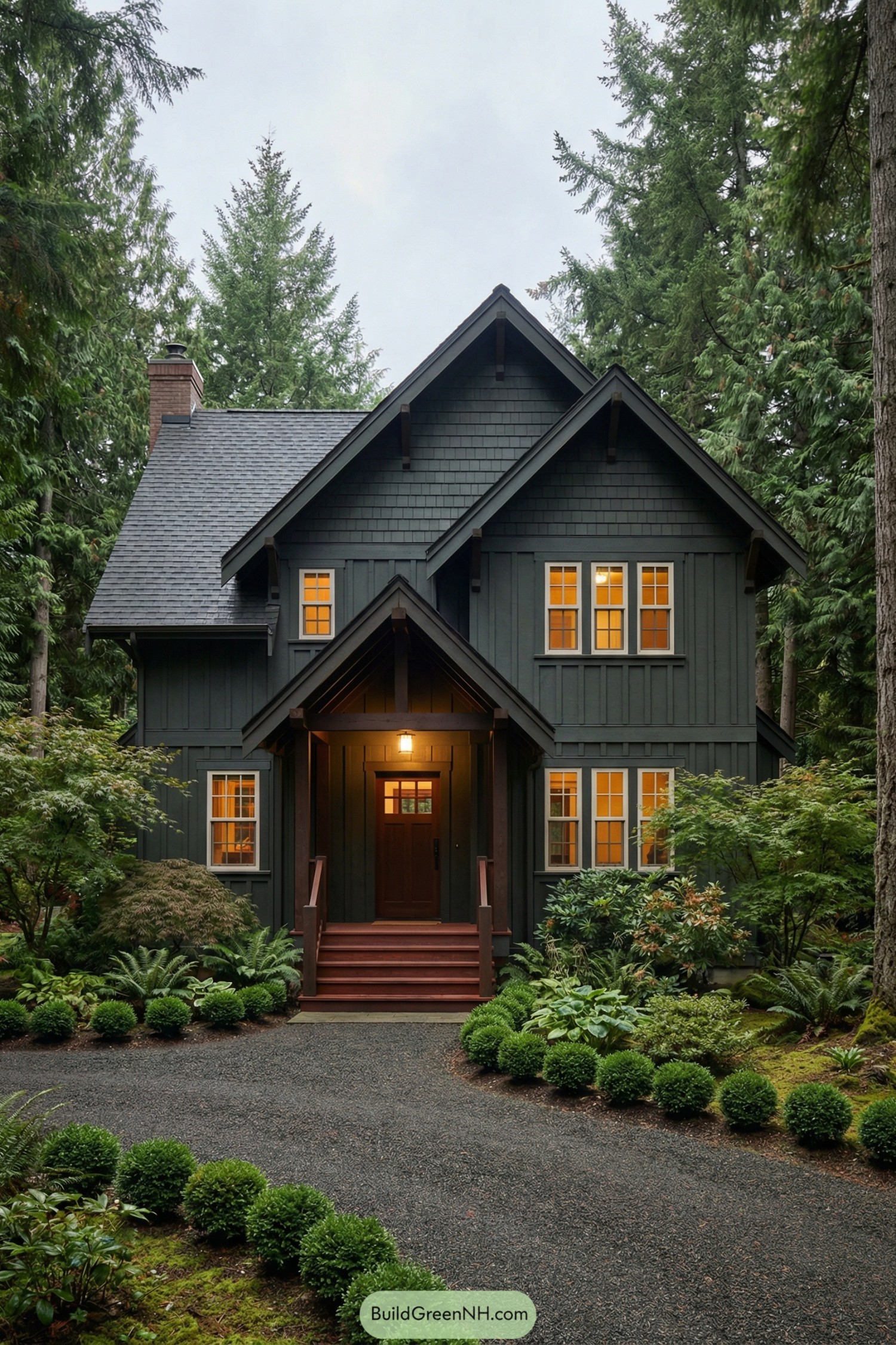 Dark green gabled cottage surrounded by lush evergreens and manicured woodland landscaping