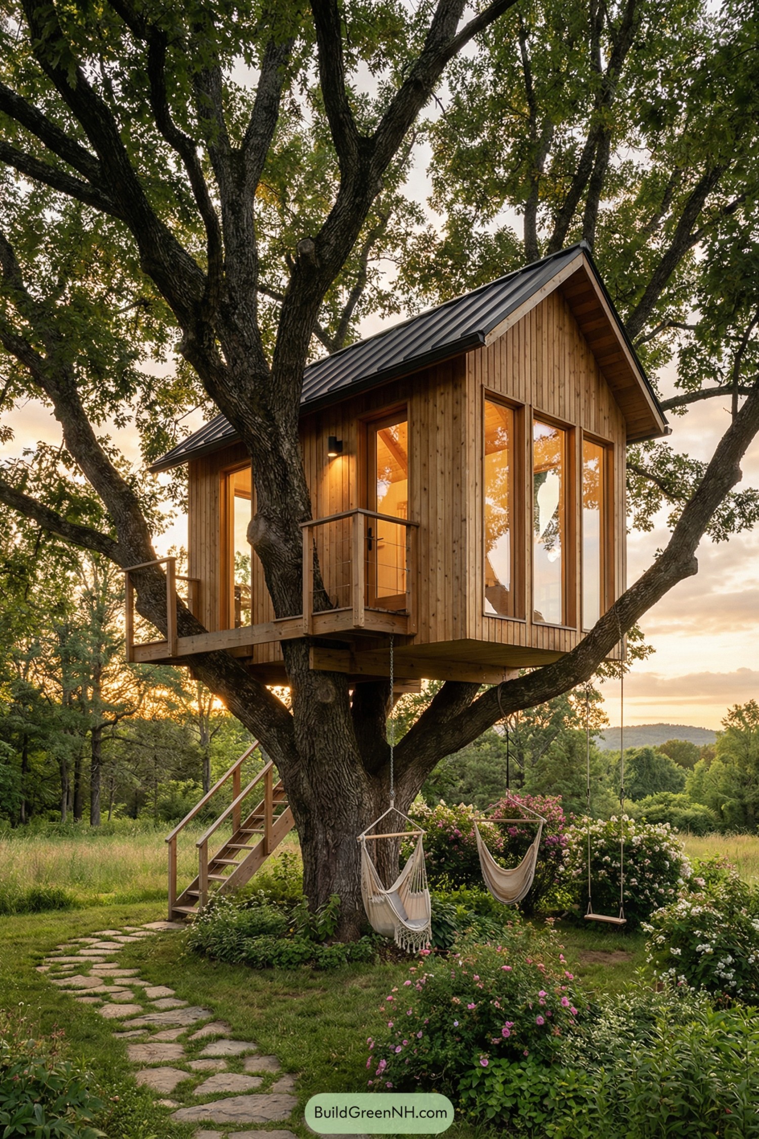 Wooden modern treehouse with glass walls nestled in a large leafy tree at sunset