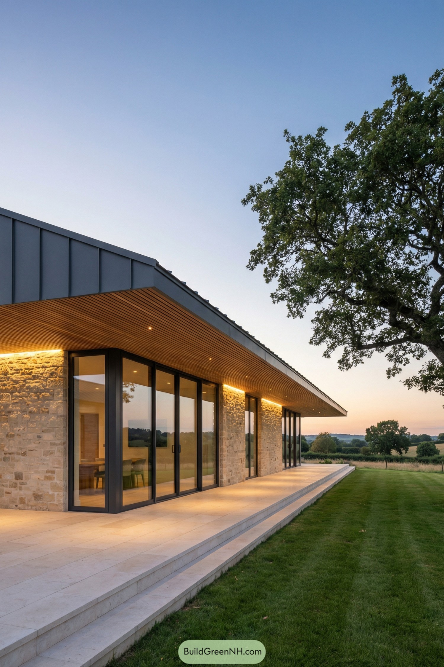 Single story modern house with stone walls glass doors long roof overhang and lawn terrace at sunset