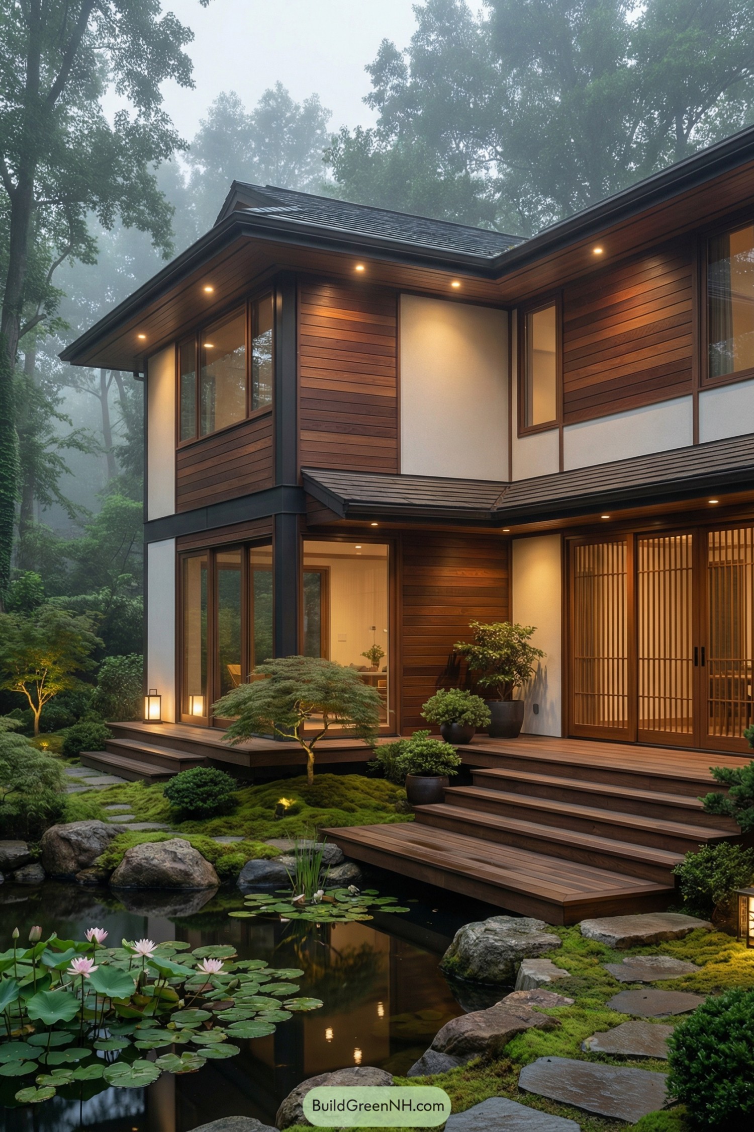 Modern wood and glass home beside a koi-style pond and lush Japanese garden