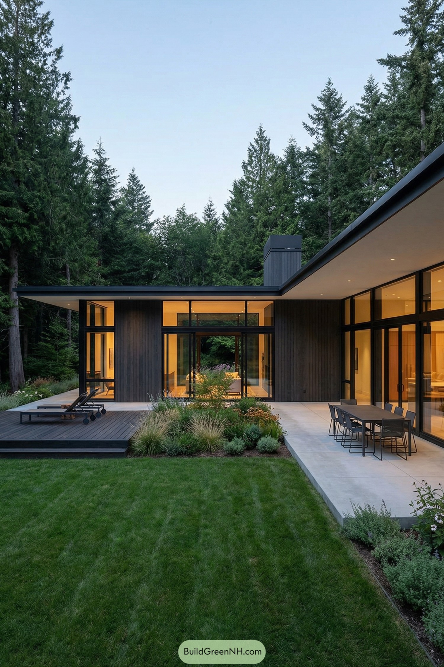 Low modern home with glass walls opening to a lawn and patio amid tall evergreens