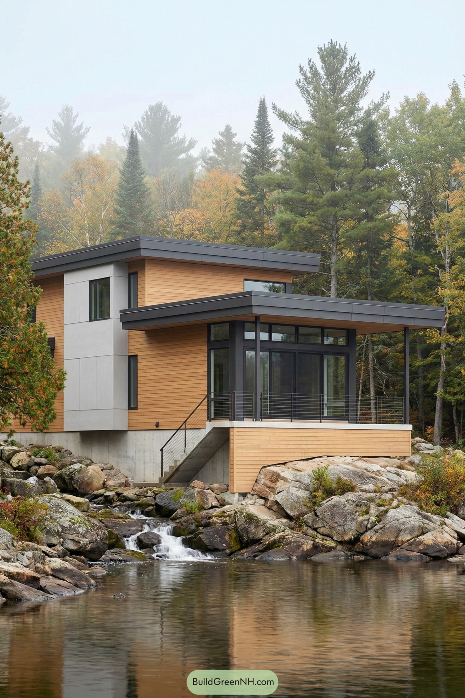 Modern lakeside house with wood siding and large windows over rocky shoreline and forest backdrop