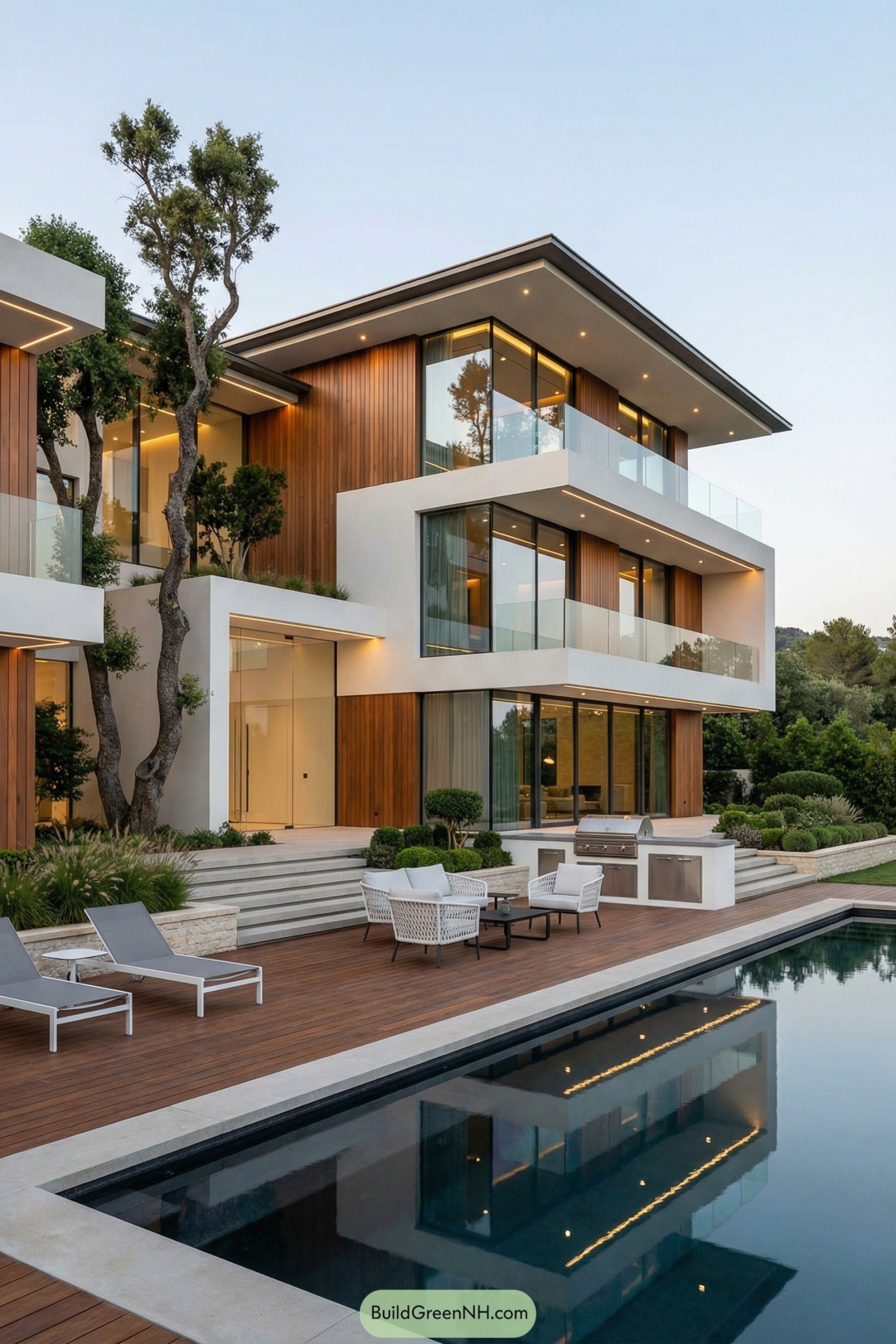 Modern multi level house with wood cladding large glass walls and poolside terrace