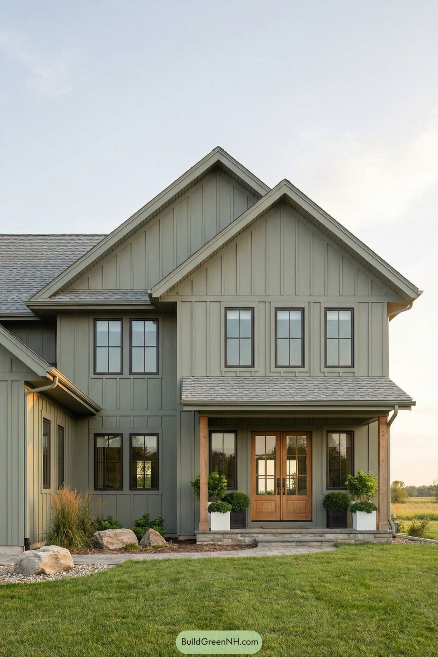 Modern farmhouse exterior with sage vertical siding, gabled rooflines, and warm wood front door