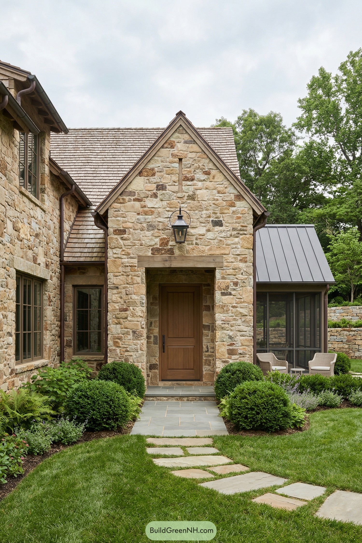 Stone house entrance with gable roof and lush garden path