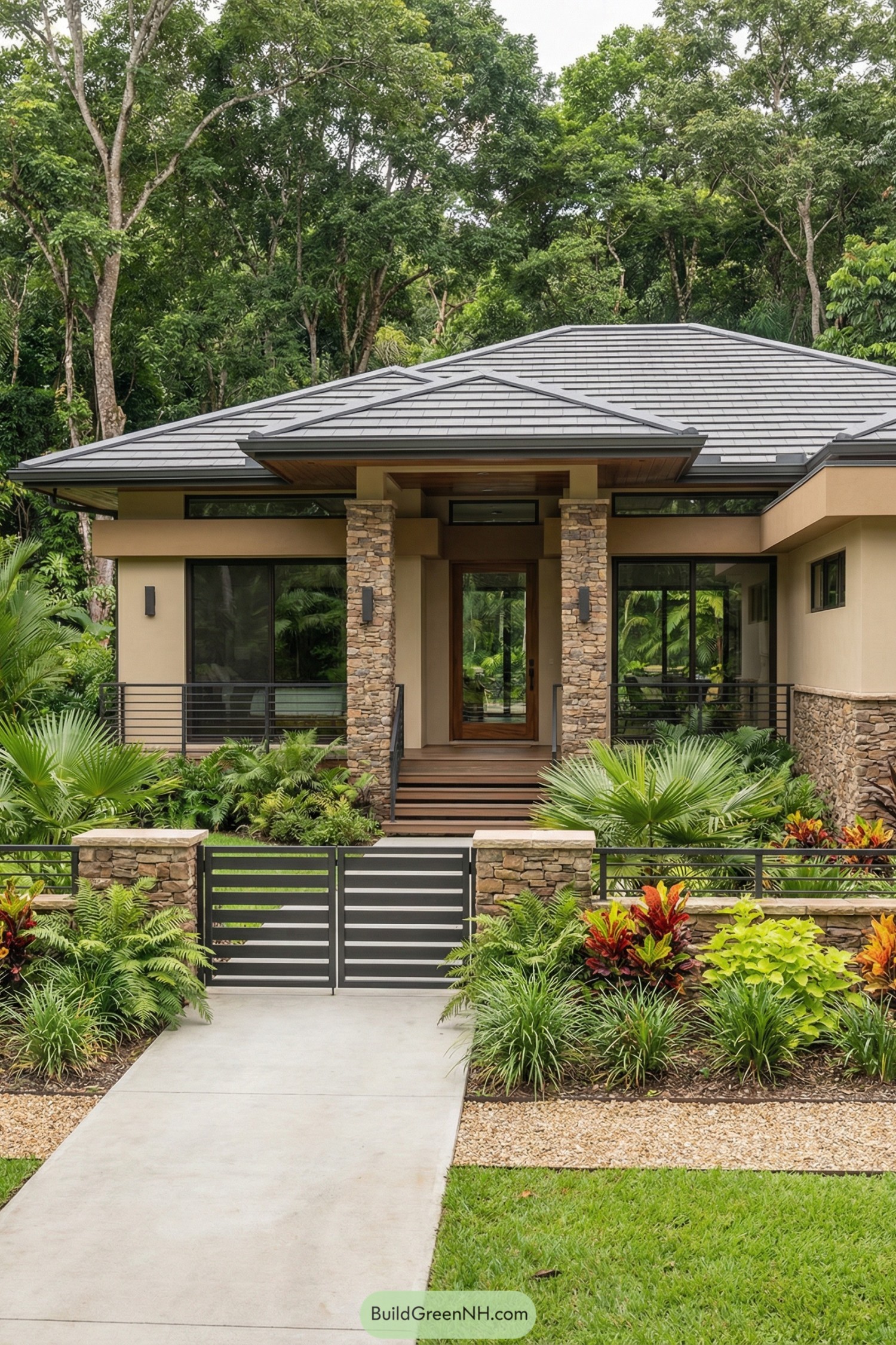 Modern tropical house with stone columns metal roof and lush landscaped entry garden
