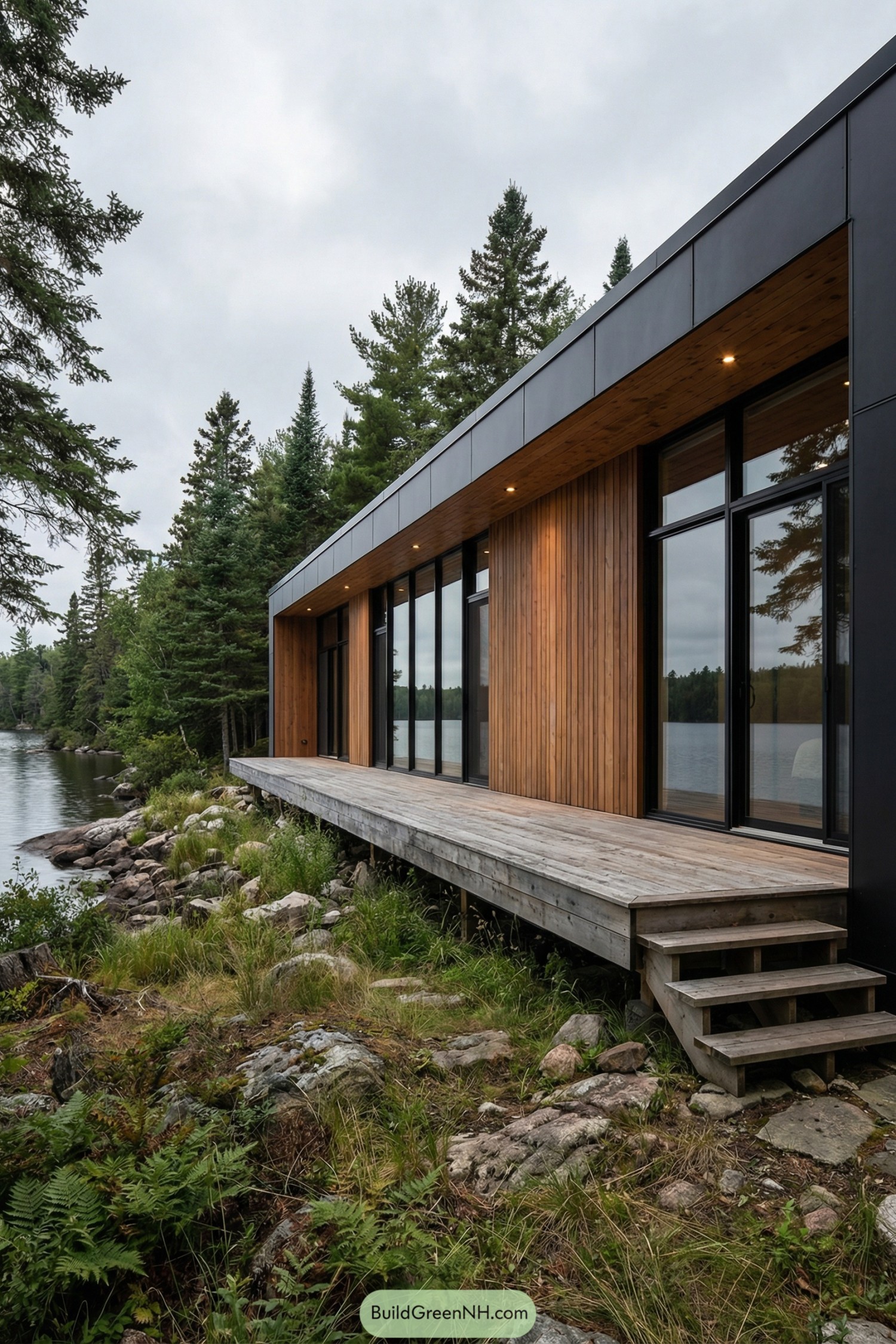 Modern lakeside cabin with long wood deck and tall glass windows by evergreen forest