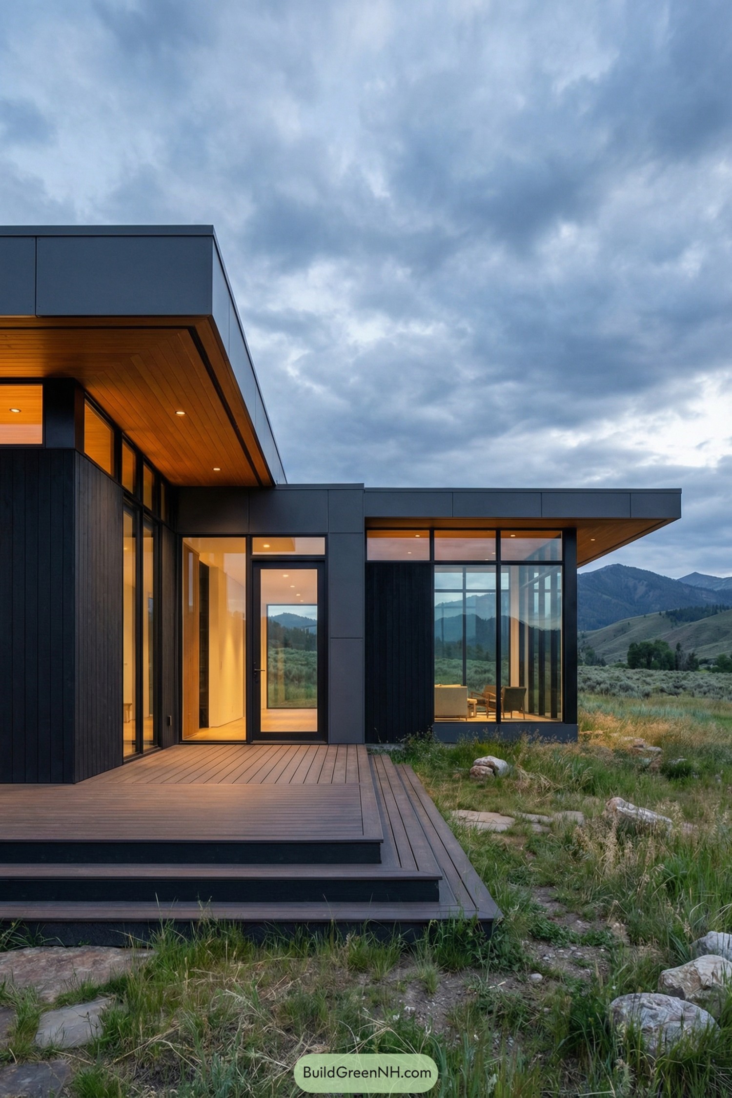 Modern black clad house with wide glass walls and a wood deck set in open rolling grassland