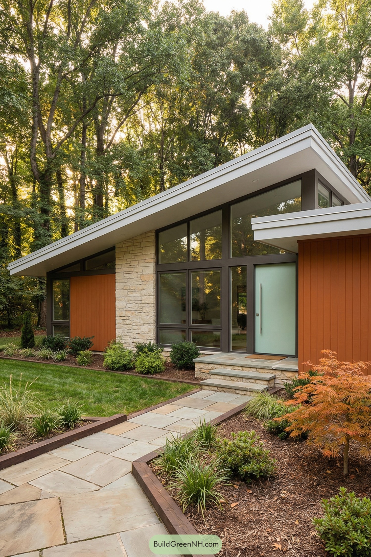 Midcentury-style house with sloped roof, large windows, and wood and stone exterior set in a lush forest yard