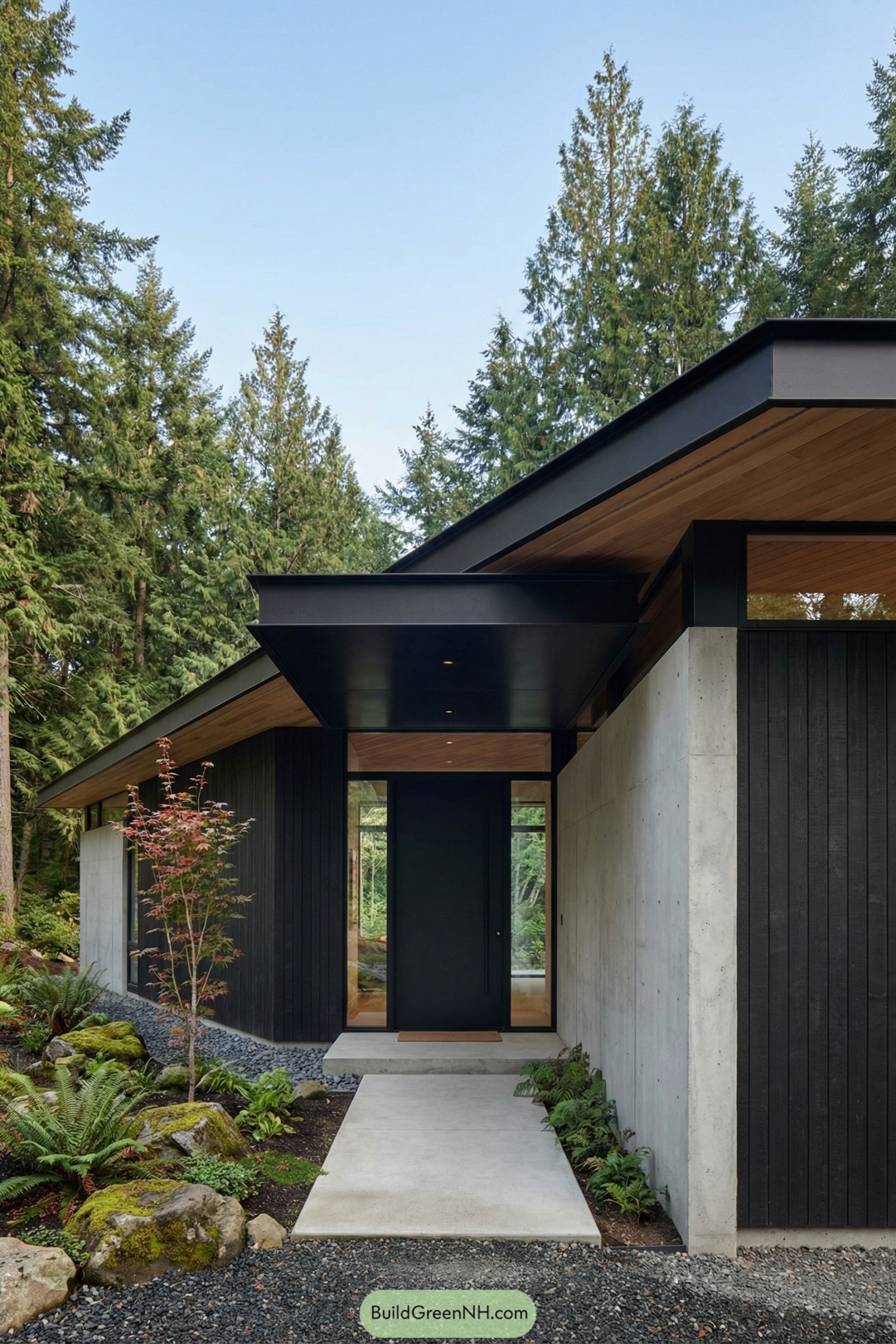 Modern black and concrete forest home entry