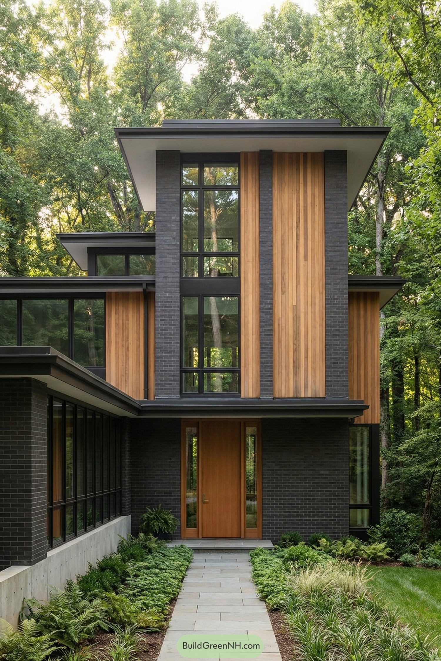 Modern forest house with black brick, vertical wood siding, and tall windows facing a lush garden path
