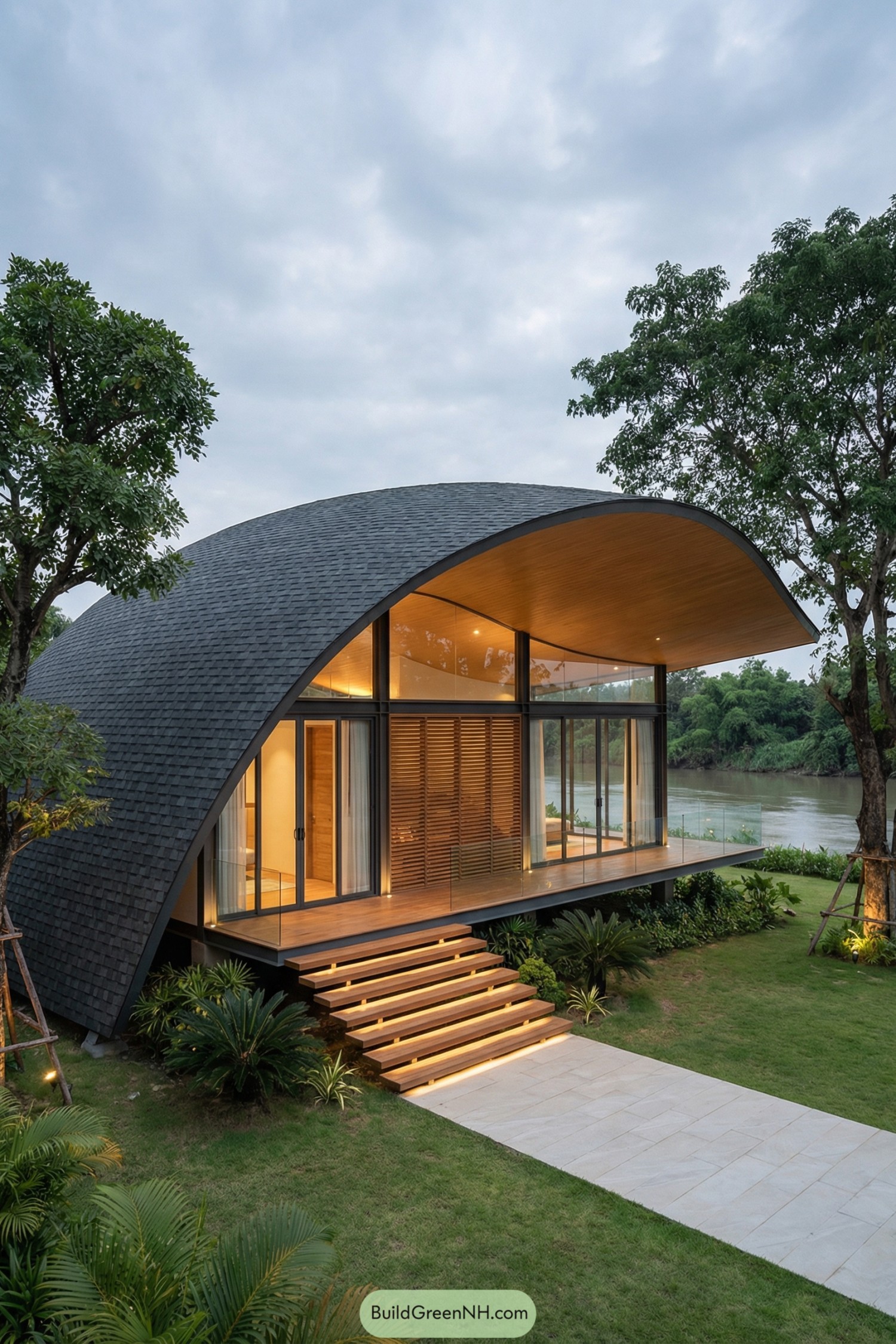 Modern curved roof house overlooking river with warm wood and glass facade