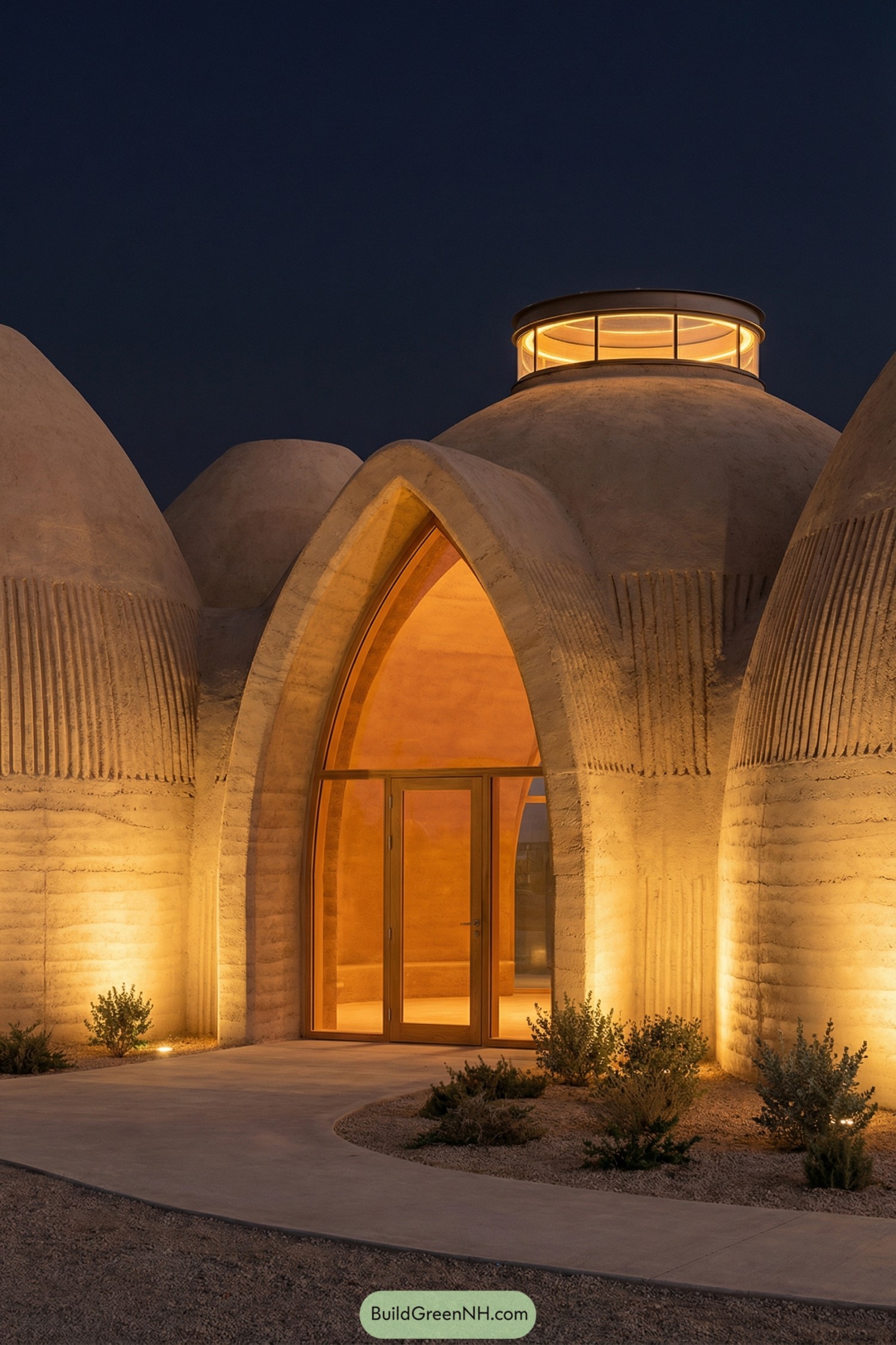 Organic domed house with glowing arched entry at night