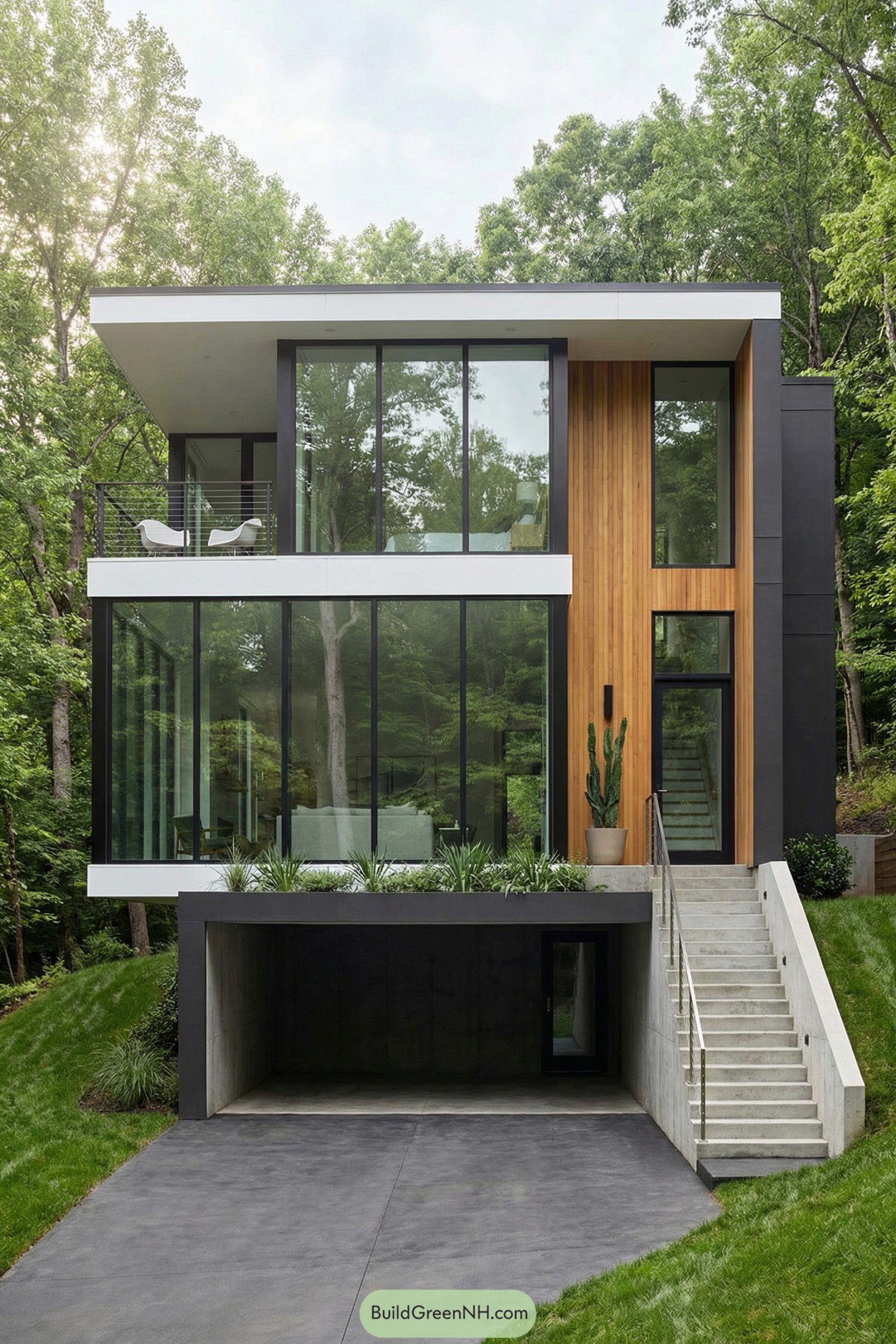 Modern boxy house with tall glass walls and wood accents surrounded by dense trees