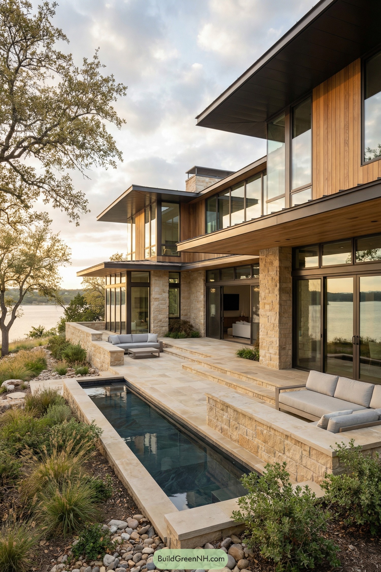 Modern stone and wood lakefront house with narrow pool