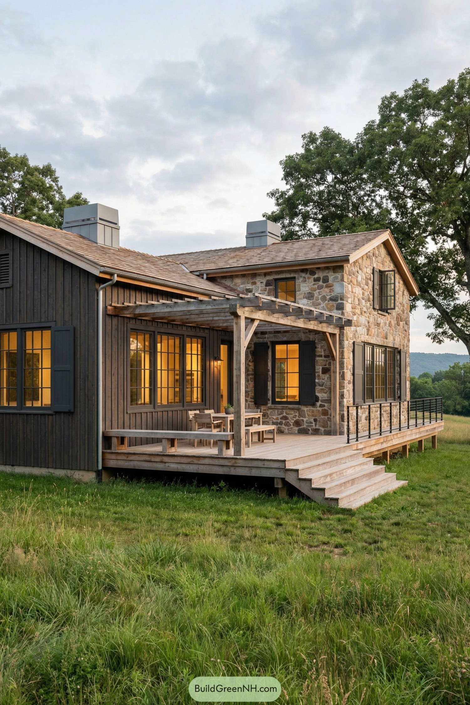 Stone and wood country house with wraparound porch overlooking a meadow