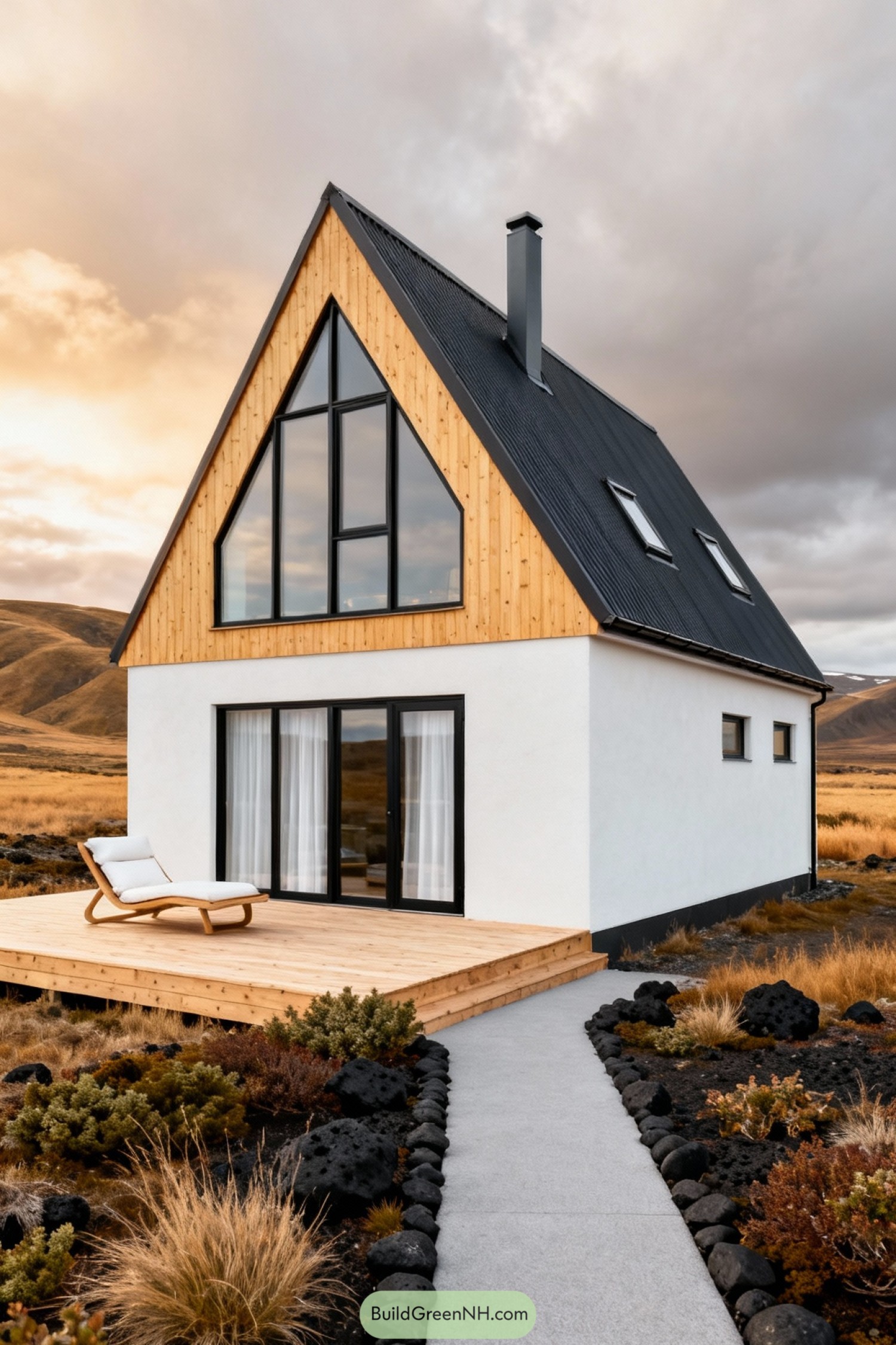 Modern A-frame style house with wood and white exterior on a deck in an open grassland landscape