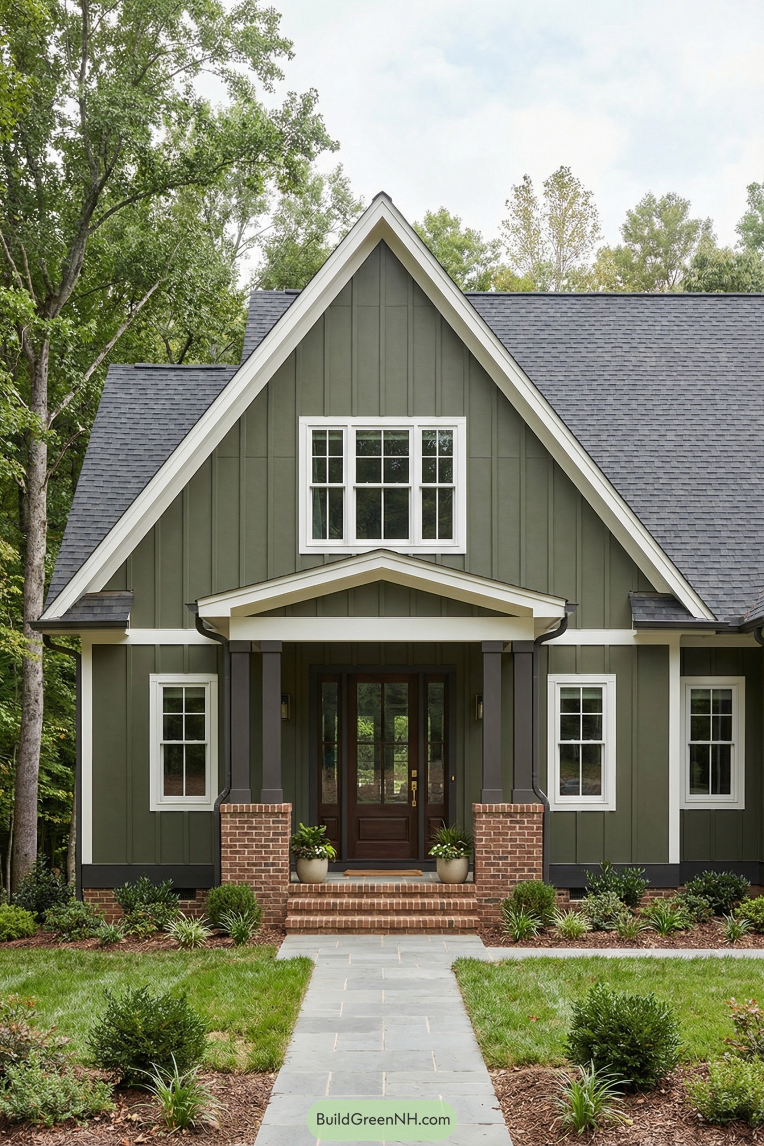 Green gabled house with brick porch and landscaped front path