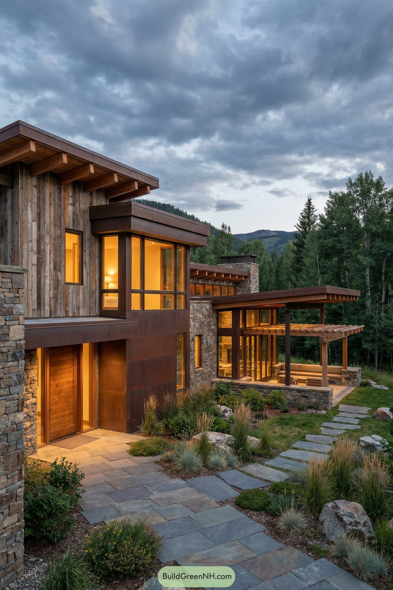 Warmly lit modern mountain home with stone wood and glass exterior surrounded by forest