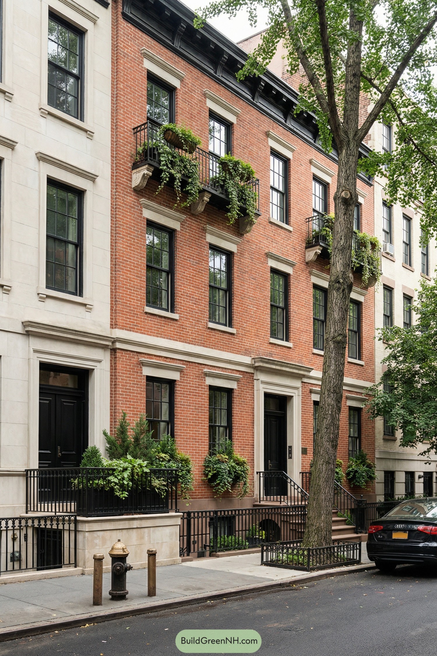 high-res photo of new york style townhouse, classic attached townhouse row with symmetrical red brick facade contrasted by a pale limestone facade on the left, mid-rise height with flat concealed roofline and straight brick parapet, red brick in running bond with light stone bands and carved stone brackets under shallow balcony ledges, all exterior trim and metalwork in deep charcoal black, tall rectangular multi-pane windows with black frames and divided lights, ground floor with large grid casement windows, upper floors with paired double-hung windows and central French doors opening to narrow black wrought-iron Juliet balconies densely planted with trailing greenery, solid black paneled entry doors with simple brass hardware set in light stone surrounds, short pale stone stoops with 4–5 wide steps, flanking slim black iron railings, low black metal railings and box planters forming small elevated terrace areas filled with potted evergreens and lush green foliage, mature street tree with textured trunk in a small iron-guarded tree pit at the curb, clean concrete sidewalk and dark asphalt street with a parked black car and brass fire hydrant, neighboring townhouse facades and leafy tree canopy forming a tight urban canyon backdrop, real-life photo, high-resolution, architectural photography, soft lighting, cinematic composition.