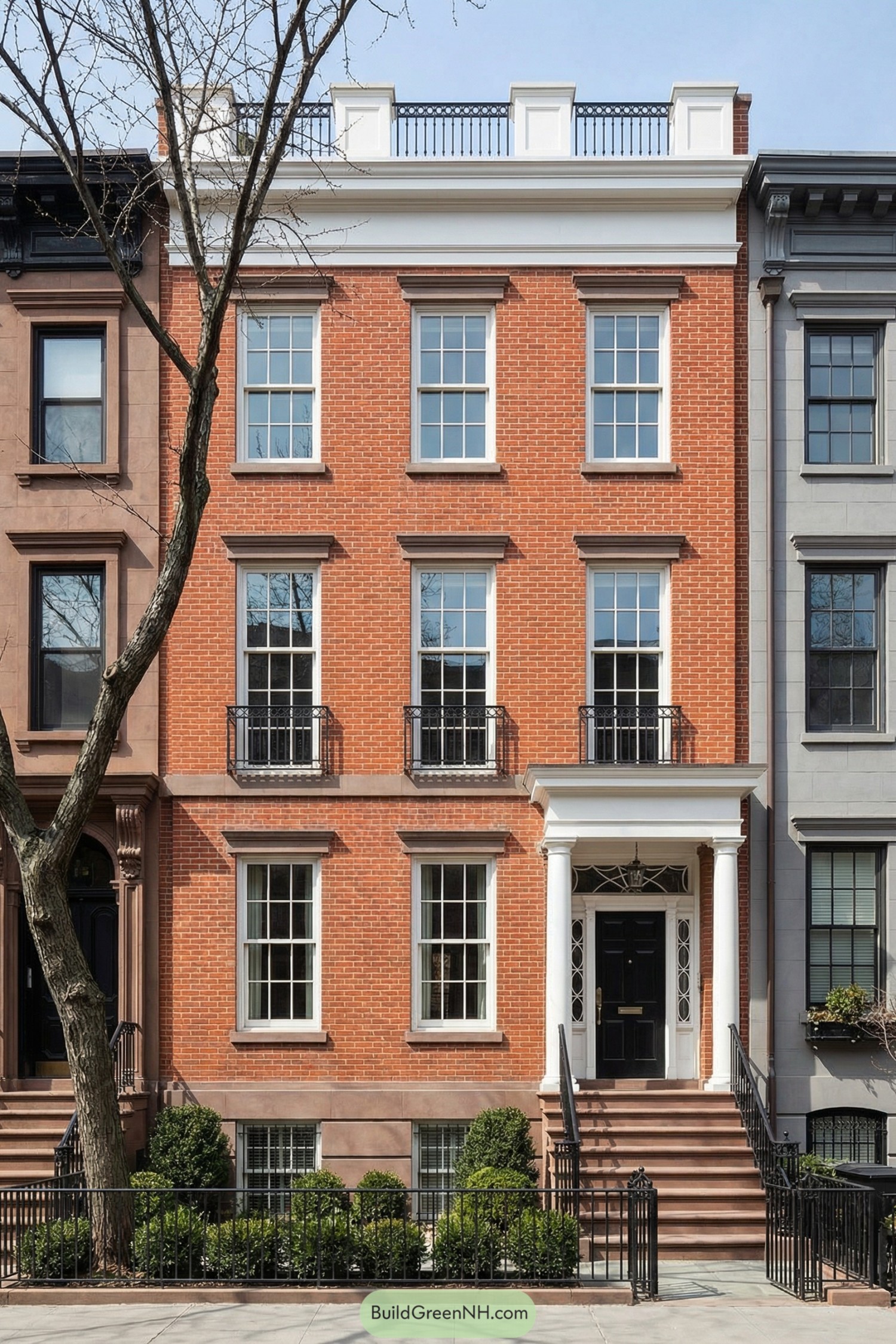 Red brick New York townhouse with white trim and black door