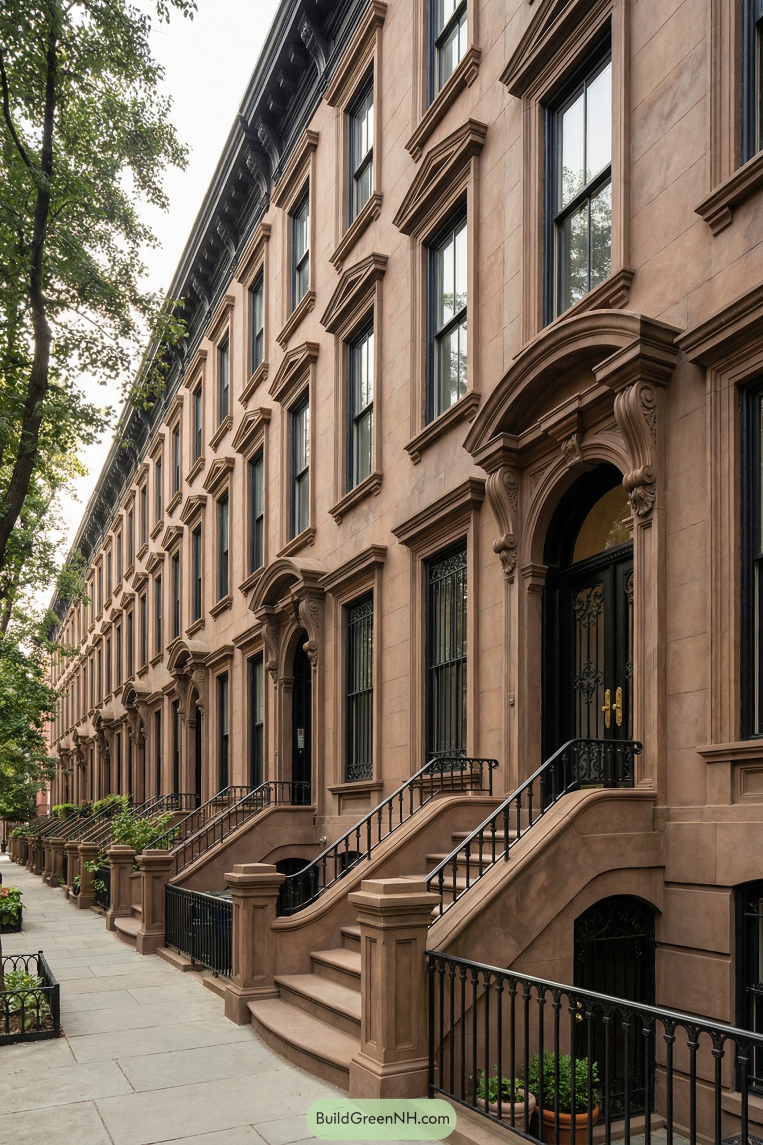 Brownstone townhouse row with tall windows and ornate stoops