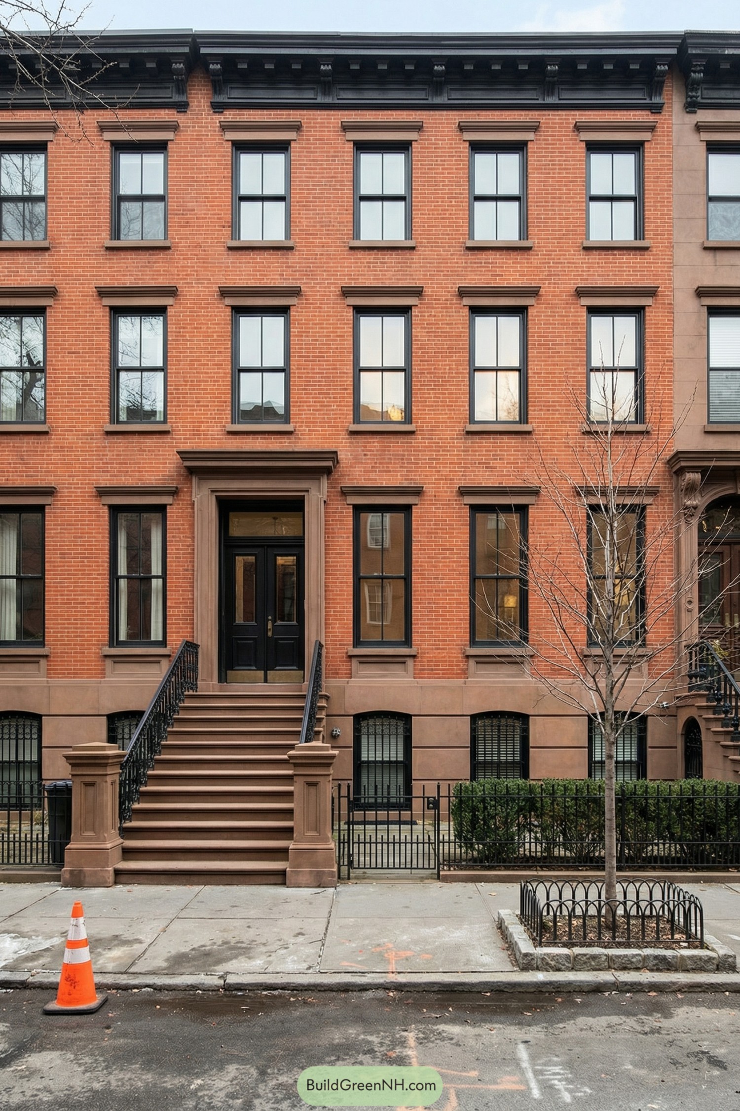 Classic redbrick townhouse with brownstone stoop and black-trimmed windows