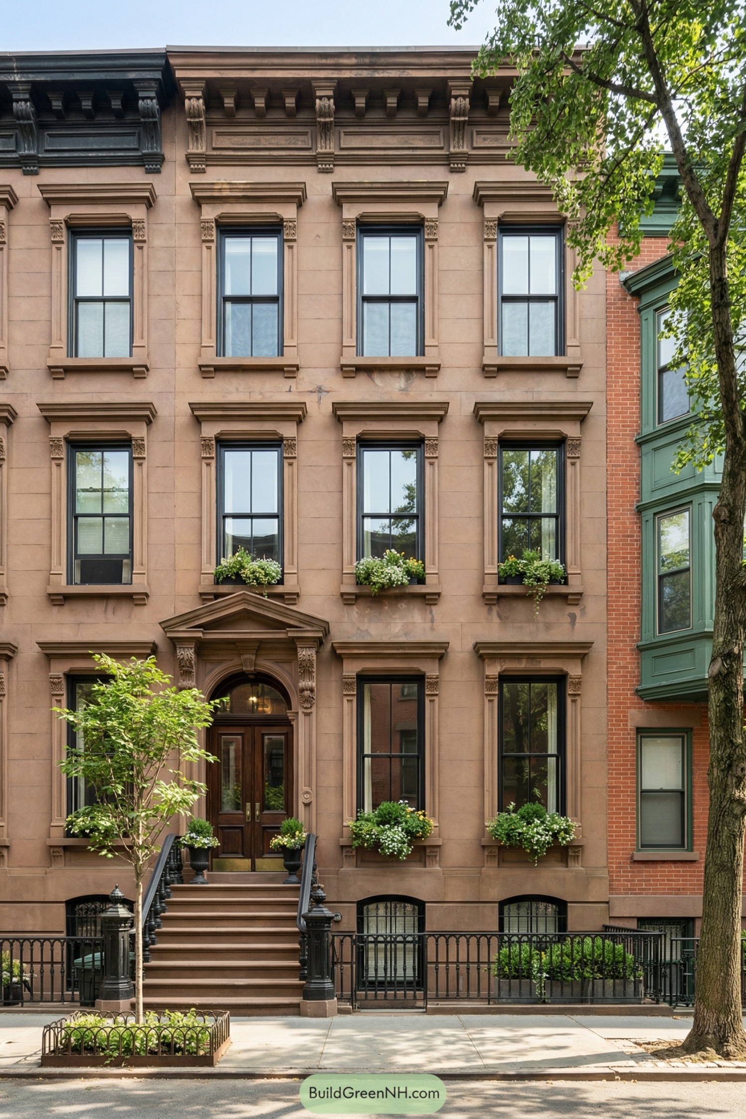 Warm brownstone townhouse façade with tall black-framed windows, flower boxes, and a classic stoop entry