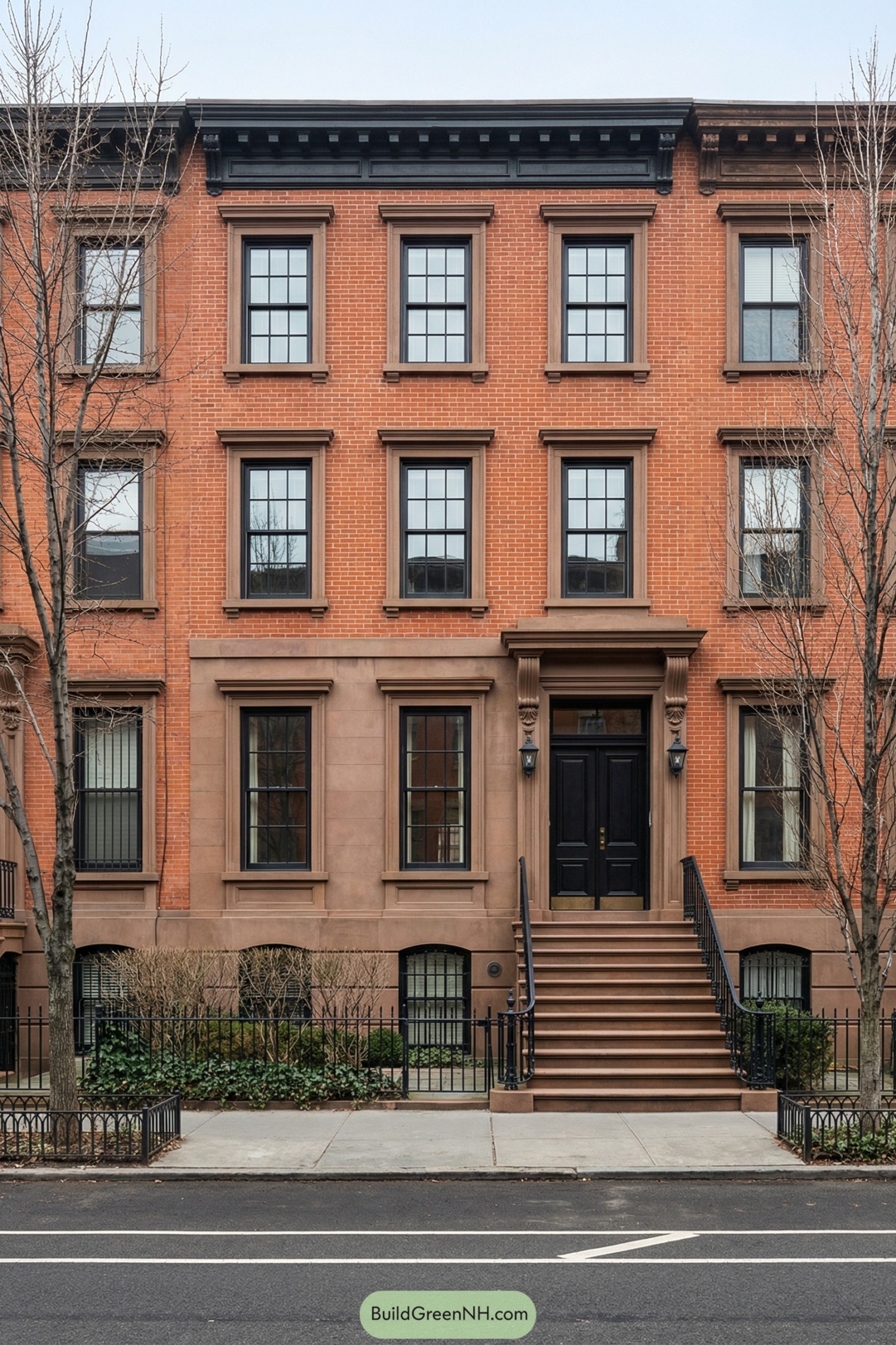 Three-story red brick townhouse with brownstone base, tall black windows, and central stoop entry