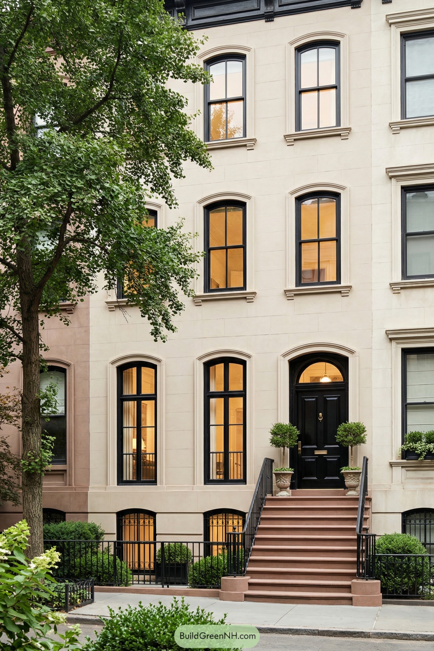 Elegant cream stone townhouse facade with tall black-framed windows and stoop