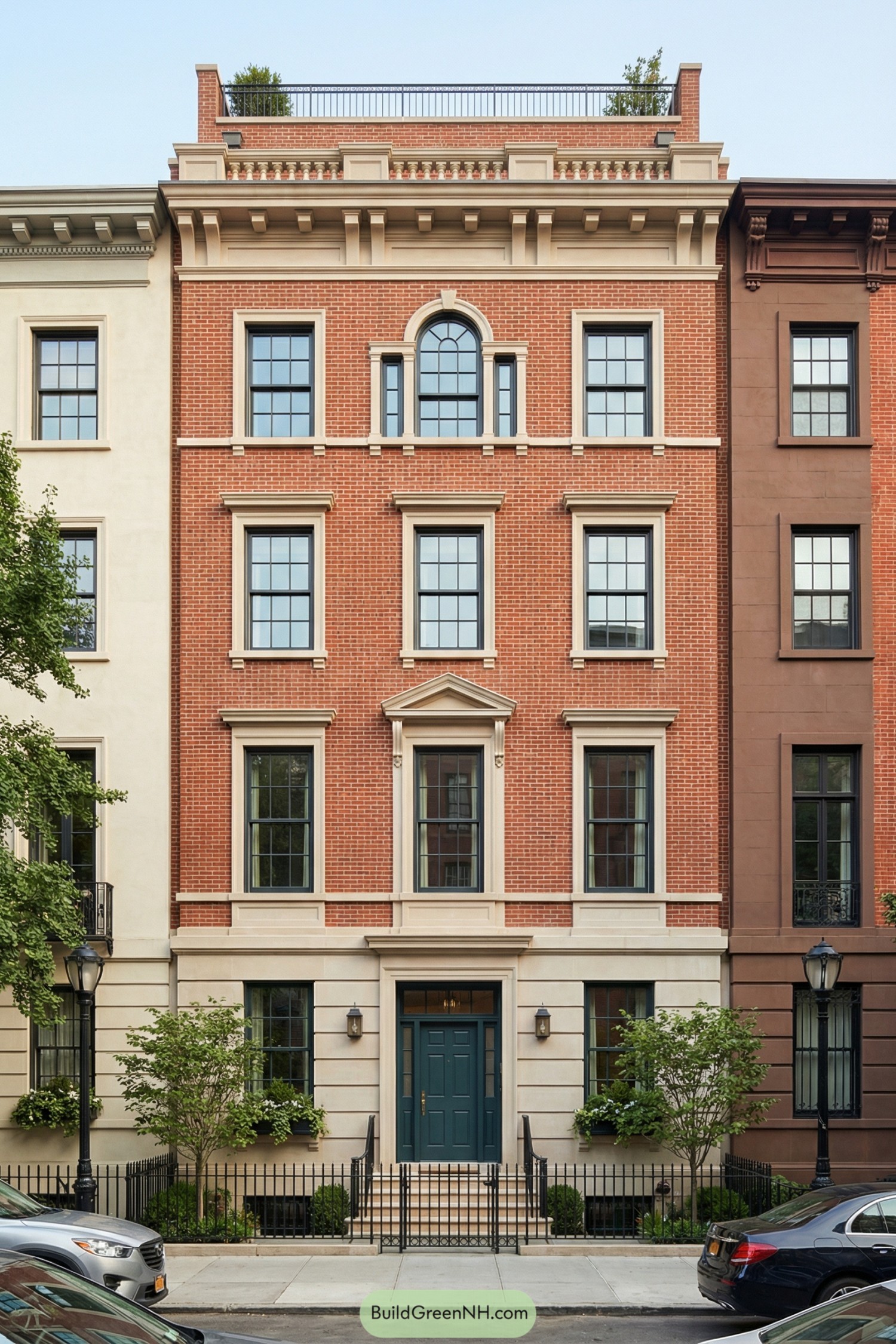 Four-story red brick townhouse with limestone trim and rooftop terrace