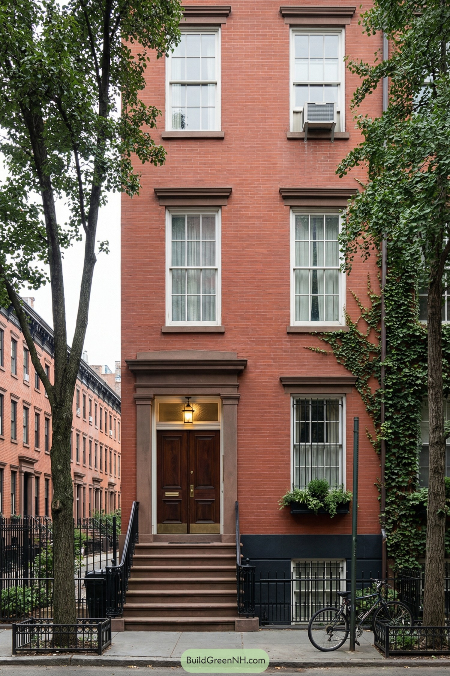 Red brick New York townhouse with brownstone stoop, tall sash windows, and ivy climbing the façade