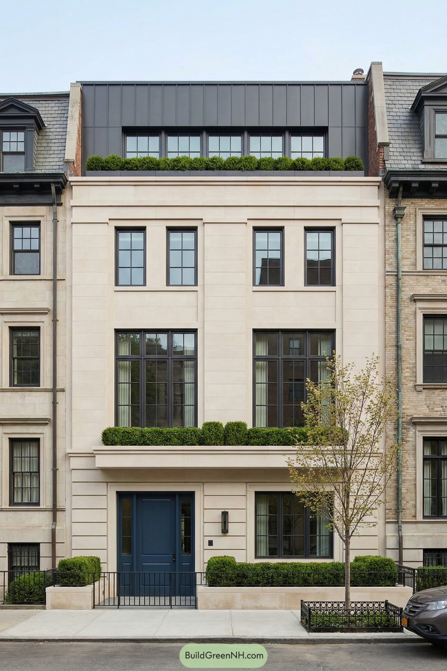 Contemporary limestone townhouse with dark metal top floor and manicured boxwood planters