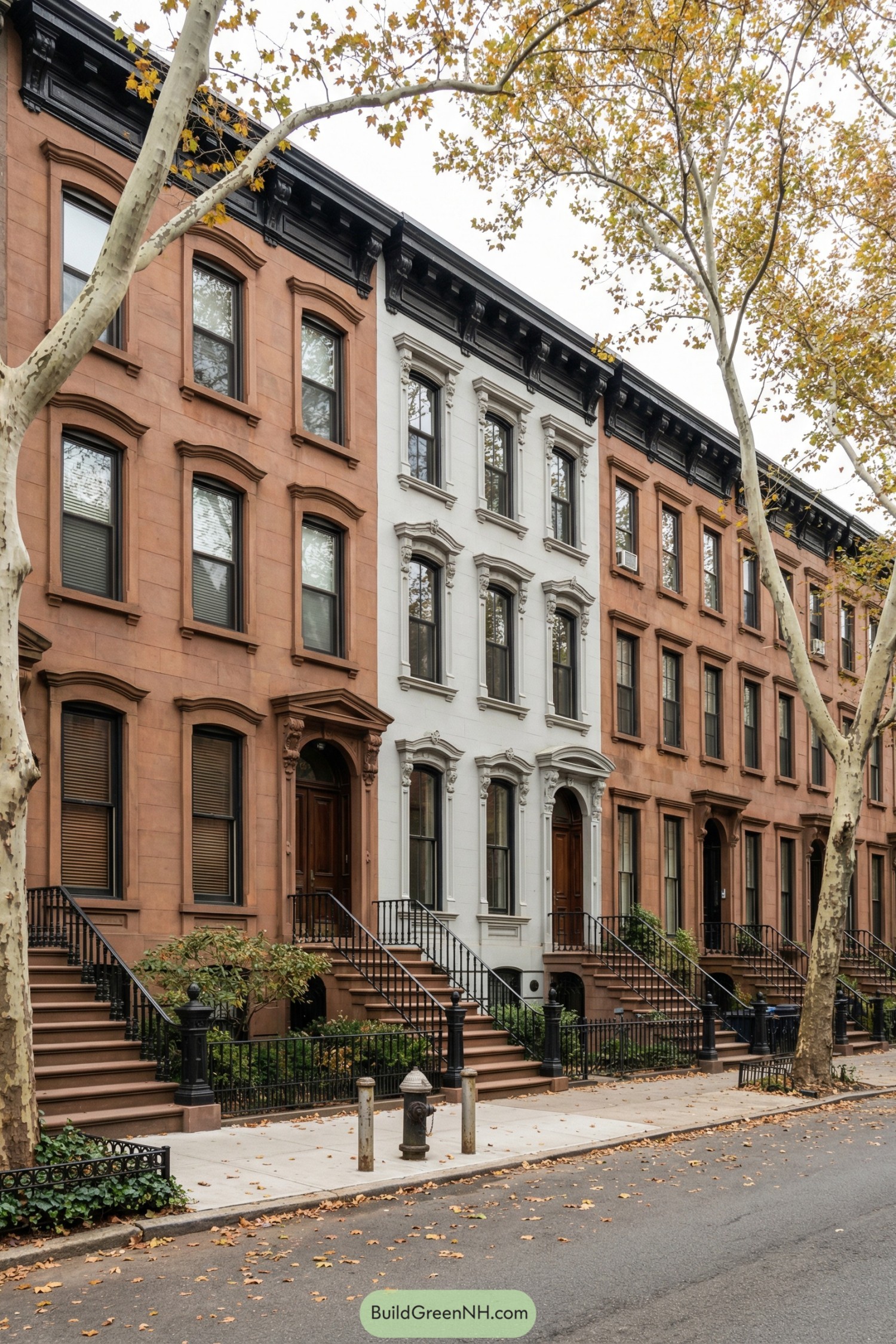 Row of historic brownstone townhouses, with one central facade painted white and detailed with ornate trim