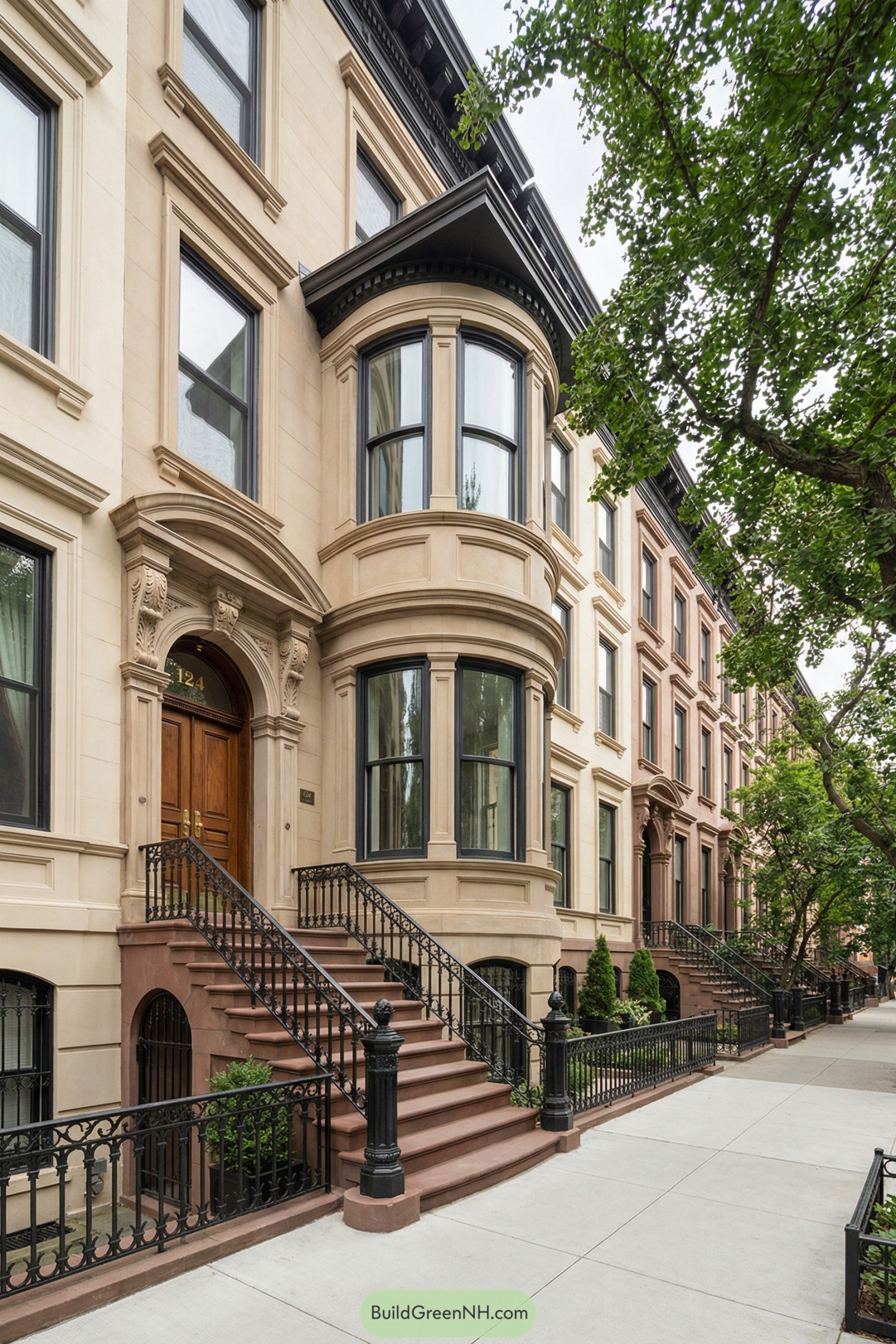 Cream sandstone townhouse with tall bay windows and iron stoop railings