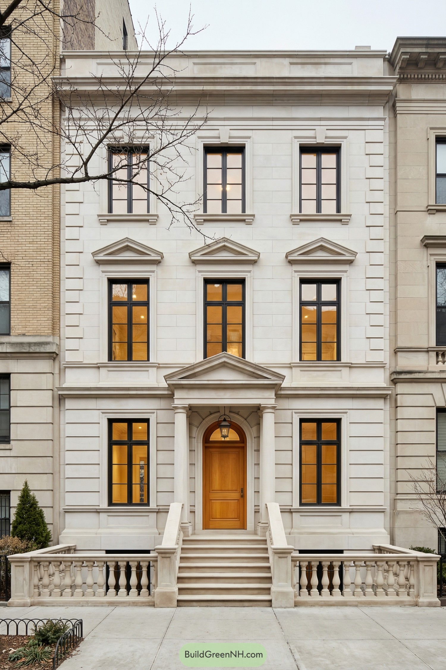 Creamy limestone townhouse with grand stoop and black-trimmed windows