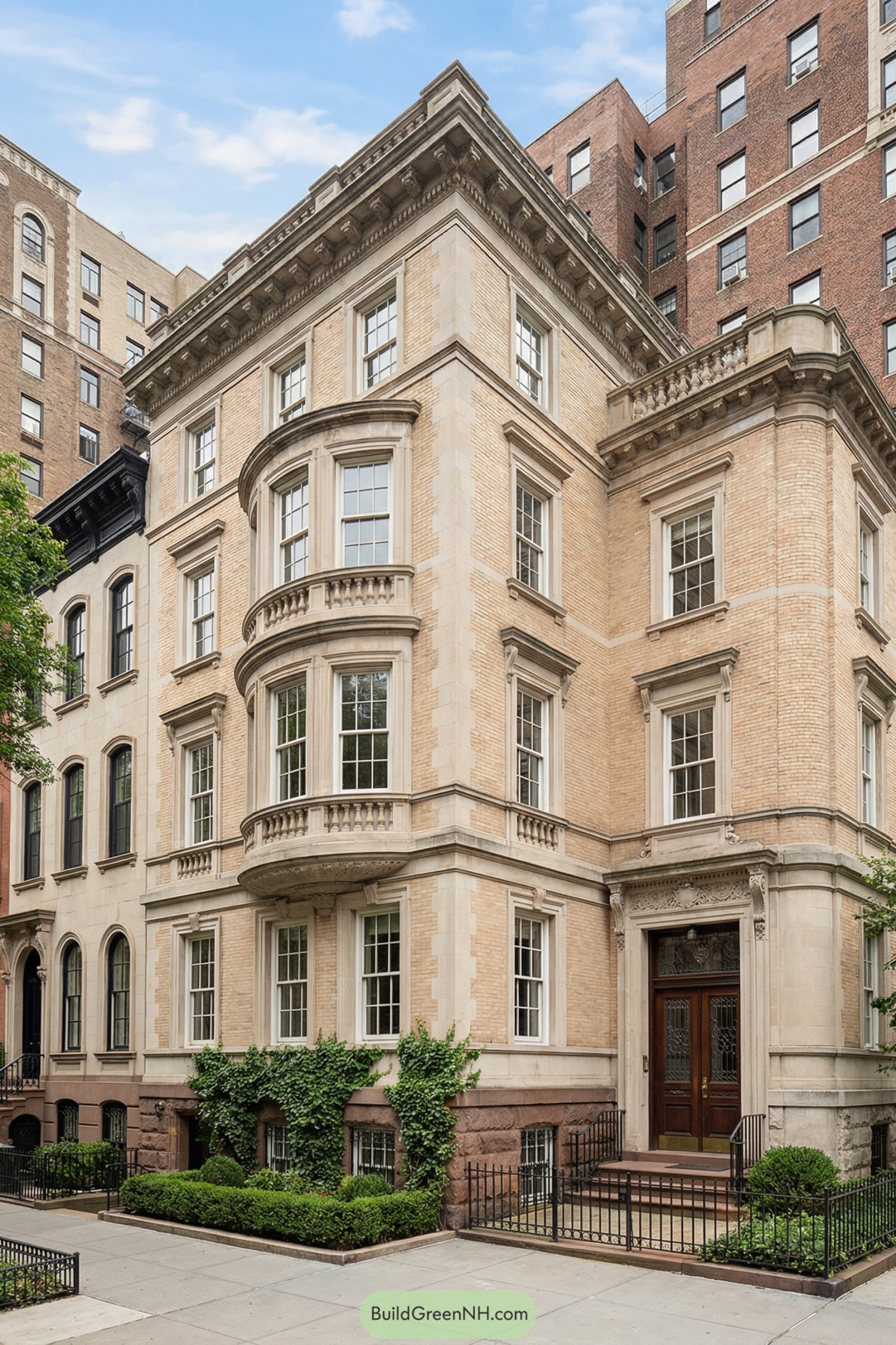 Light brick corner townhouse with curved bay windows, ornate stone trim, and landscaped entry