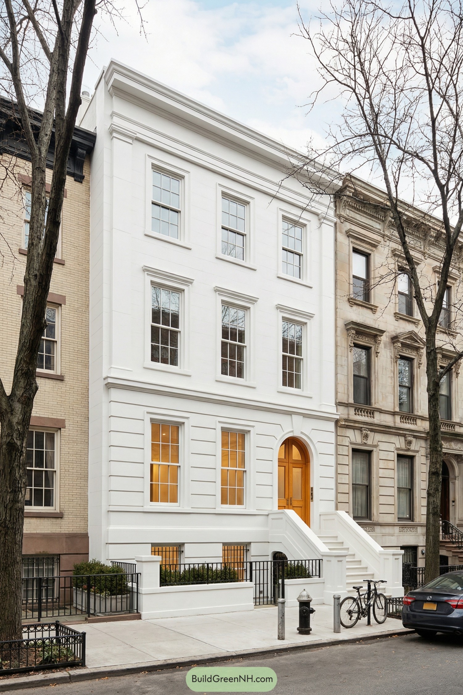 White three story townhouse with warm wood door and tall sash windows