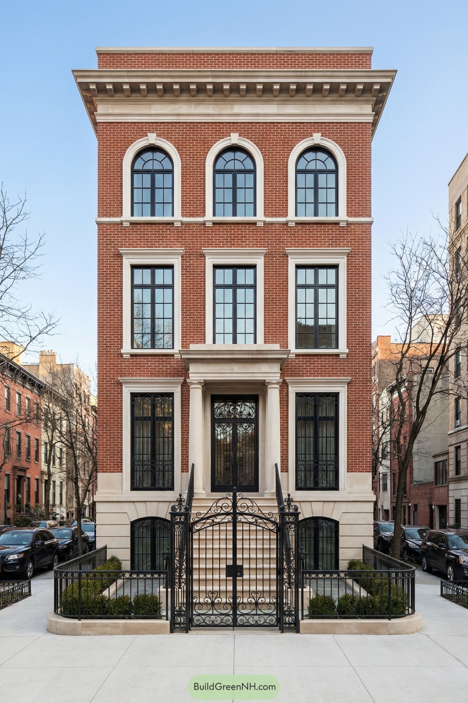 Tall red-brick townhouse with arched windows, pale stone trim, and decorative black iron gate at the front steps