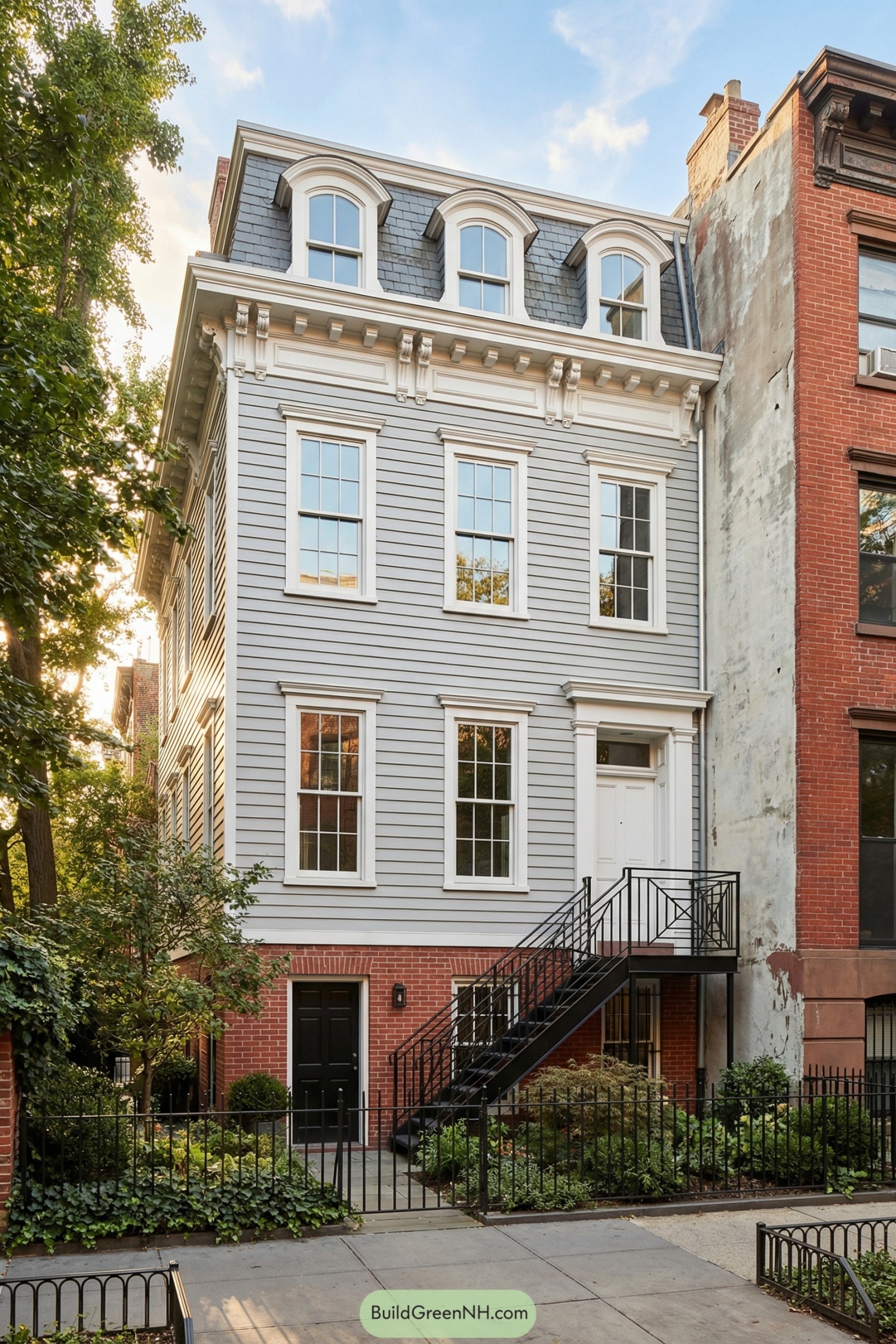 Gray clapboard townhouse with mansard roof, dormer windows, and black metal stoop over a brick garden level