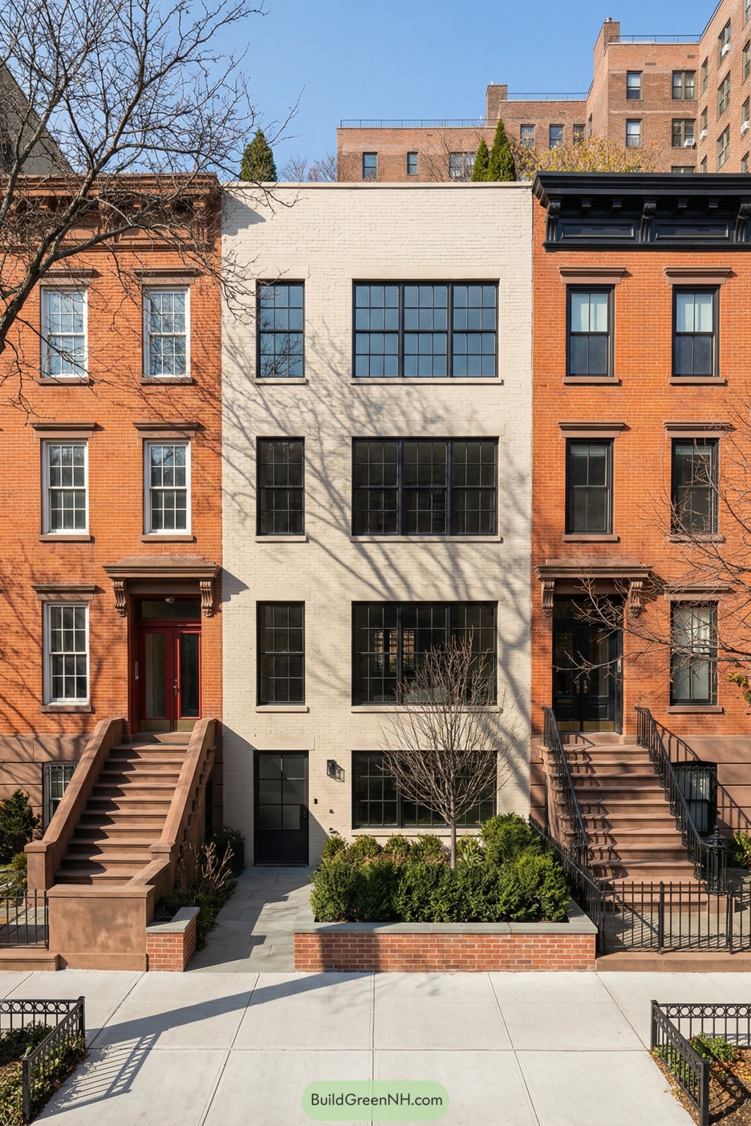 Cream brick townhouse with large black-framed windows and landscaped front entry