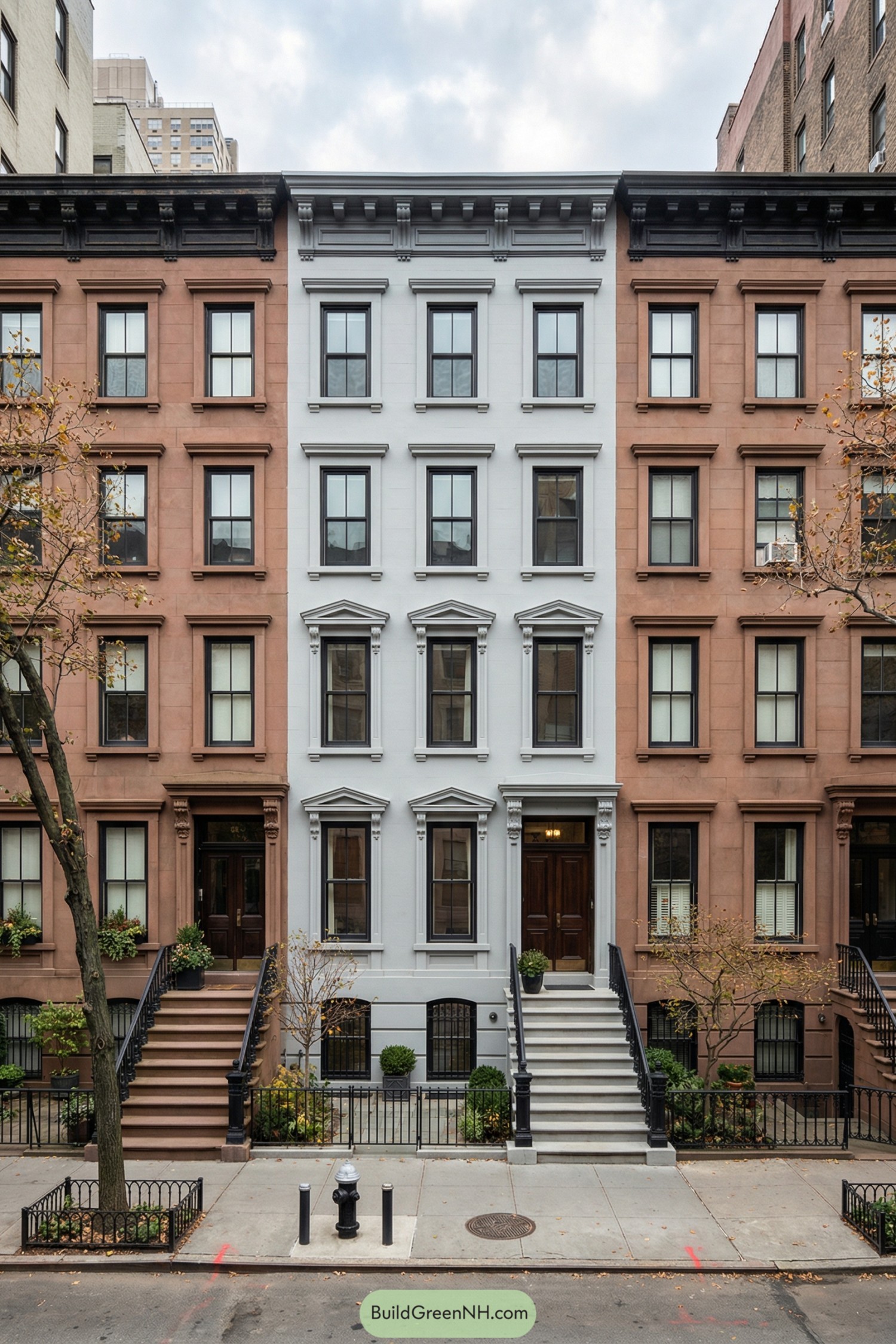 Gray-painted New York townhouse between two brownstones