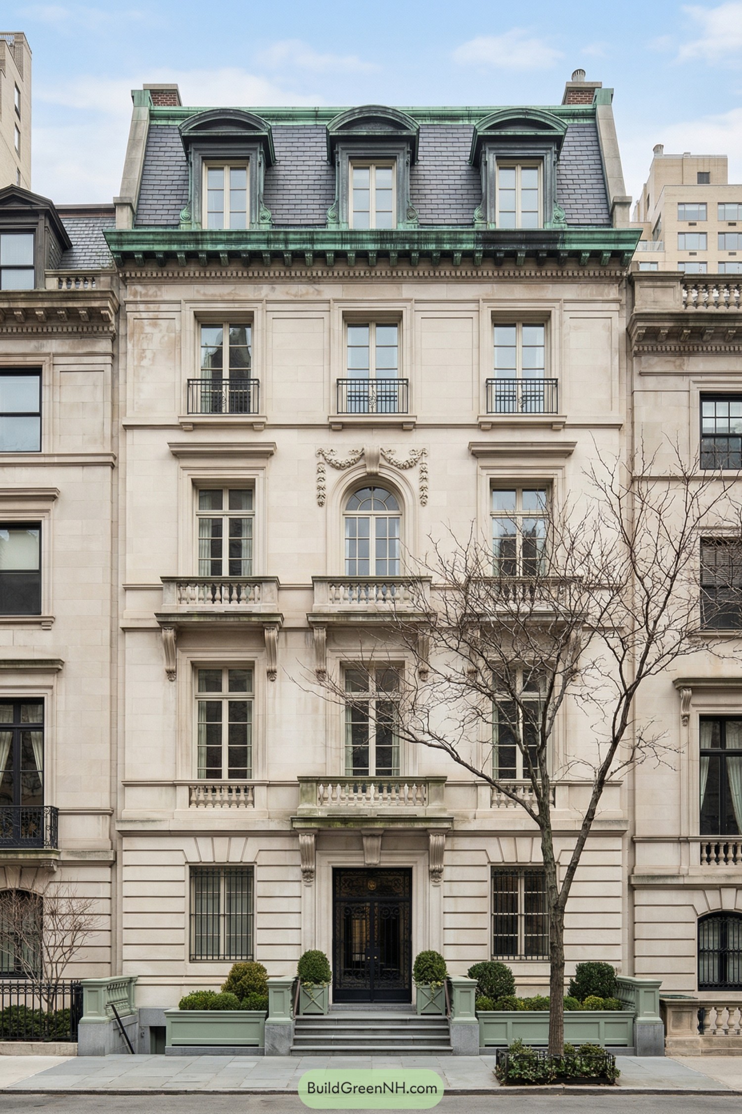 Light limestone townhouse with green mansard roof and ornate detailing